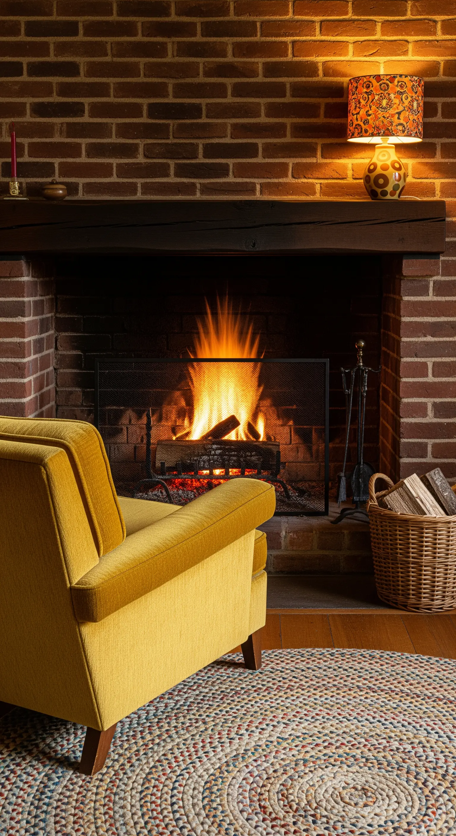 Poltrona in velluto senape di fianco a un camino acceso, con lampada optical sul ripiano.