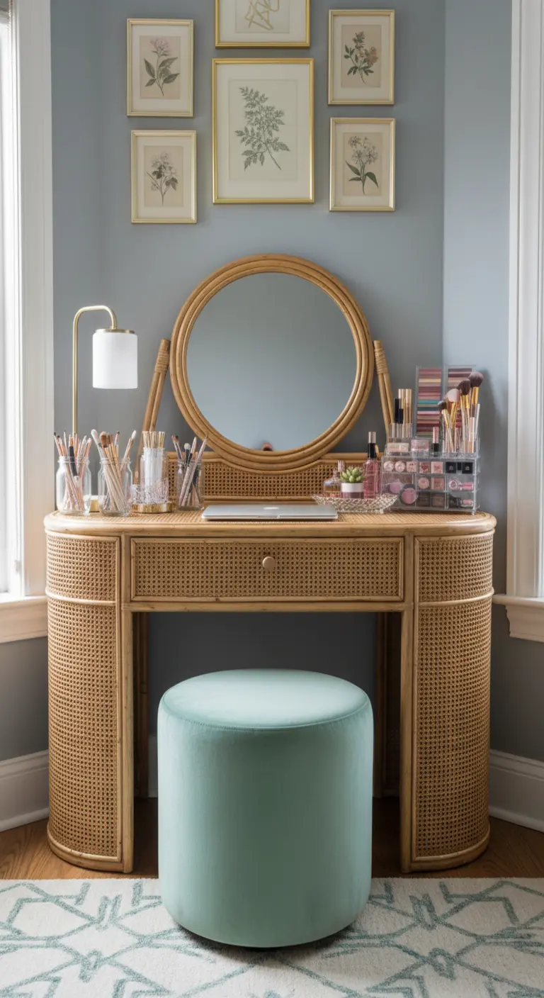 Toeletta in rattan con specchio rotondo usata come scrivania, con pouf in velluto verde menta.