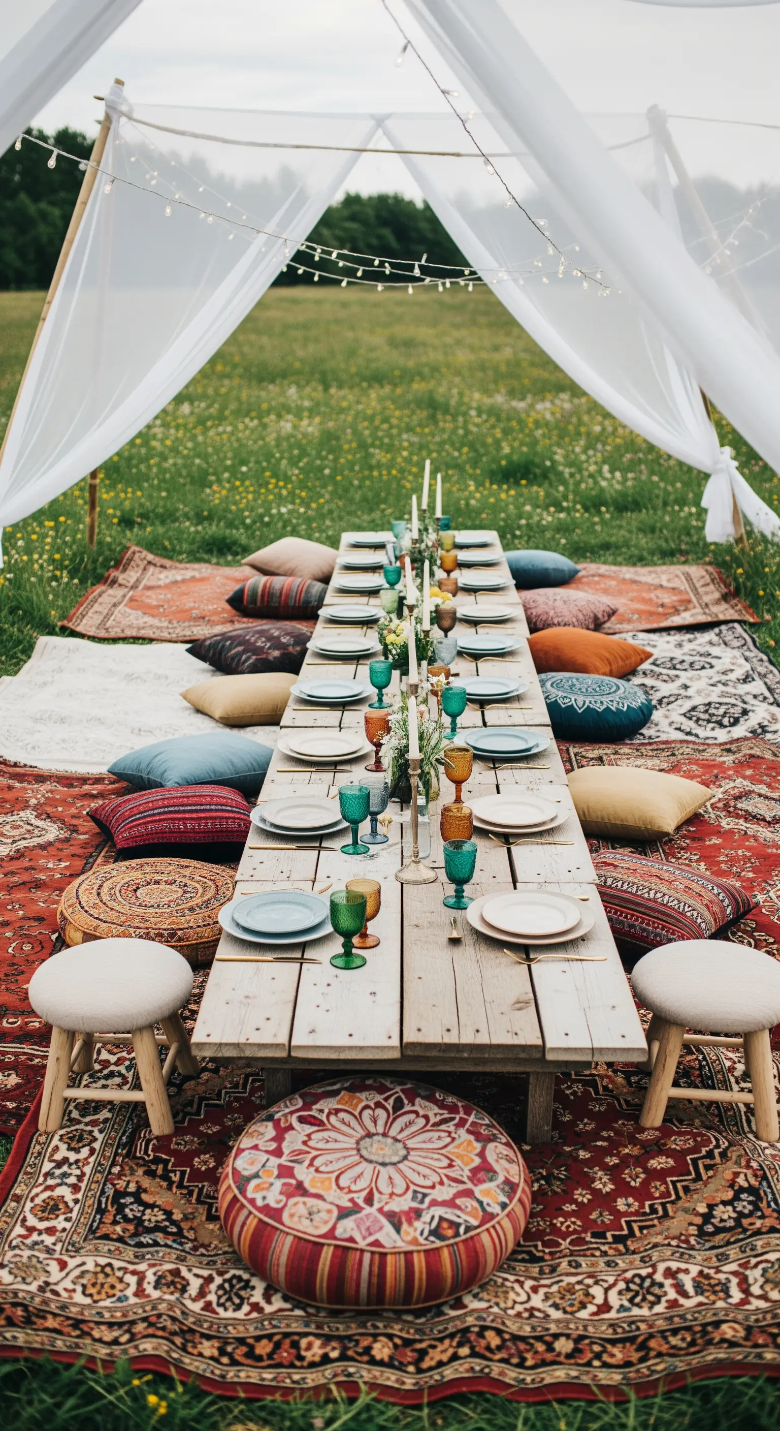 Tavola da picnic bohémien con tappeti sovrapposti, cuscini e un tavolo basso in legno.