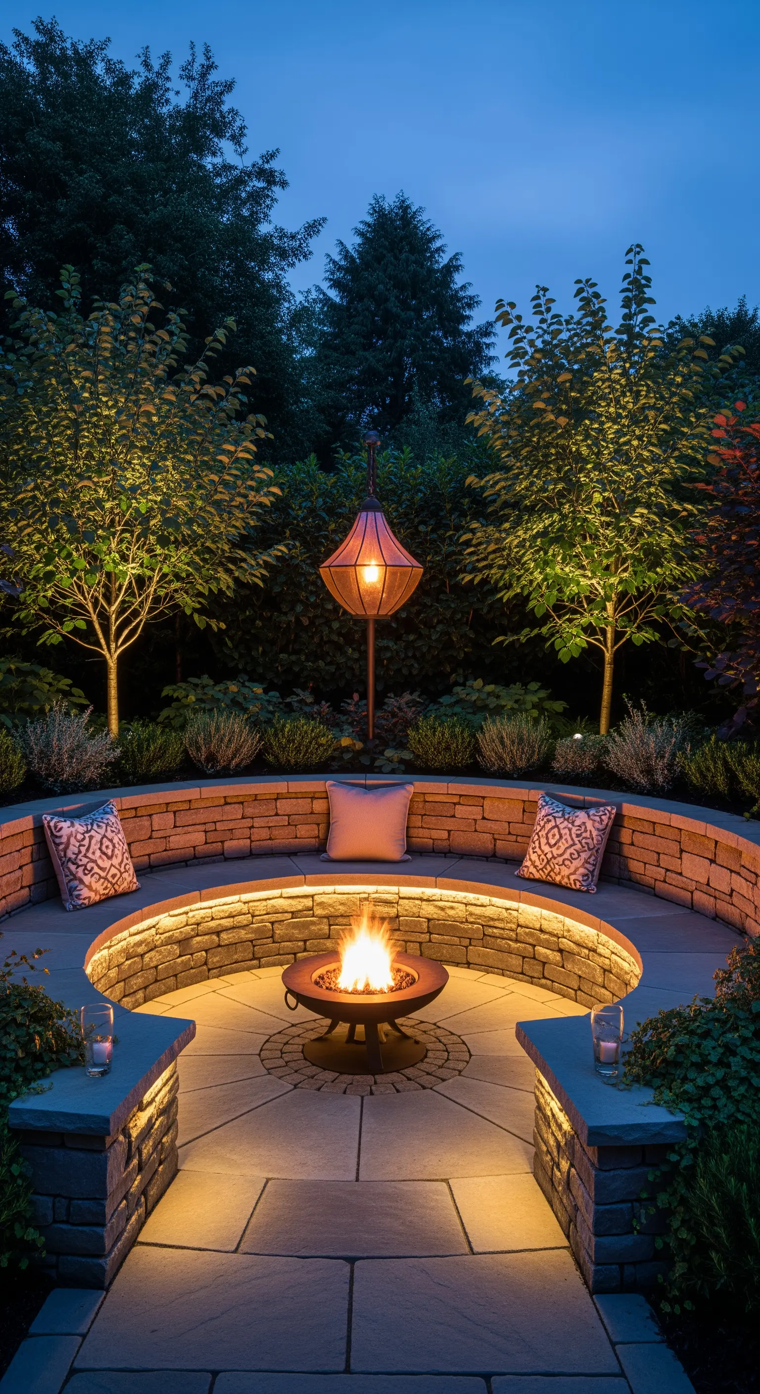 Area conversazione semicircolare in pietra con braciere centrale e illuminazione a LED integrata.