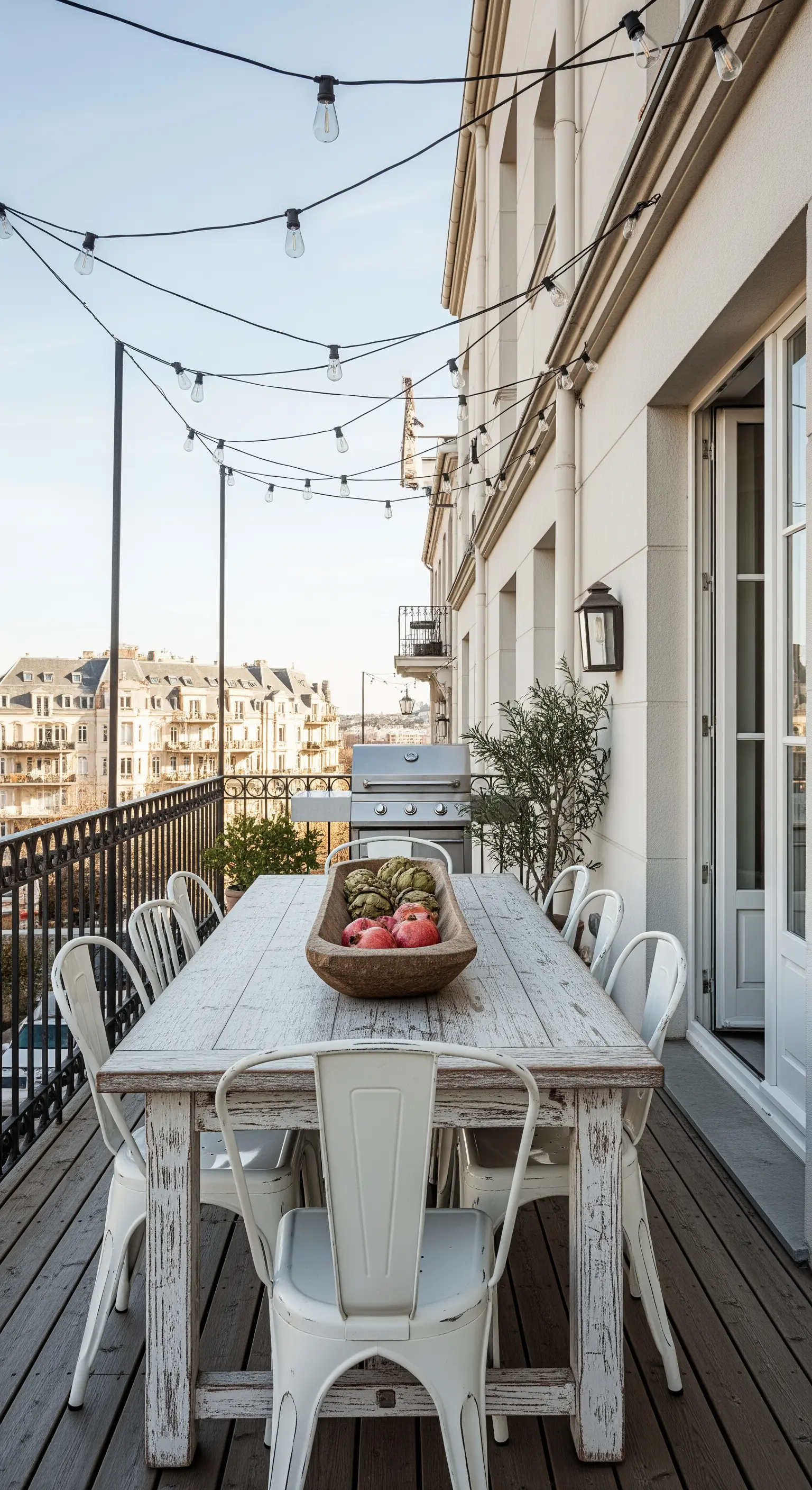 Lungo tavolo da pranzo bianco su un balcone con sedie in metallo e luci a stringa sospese.