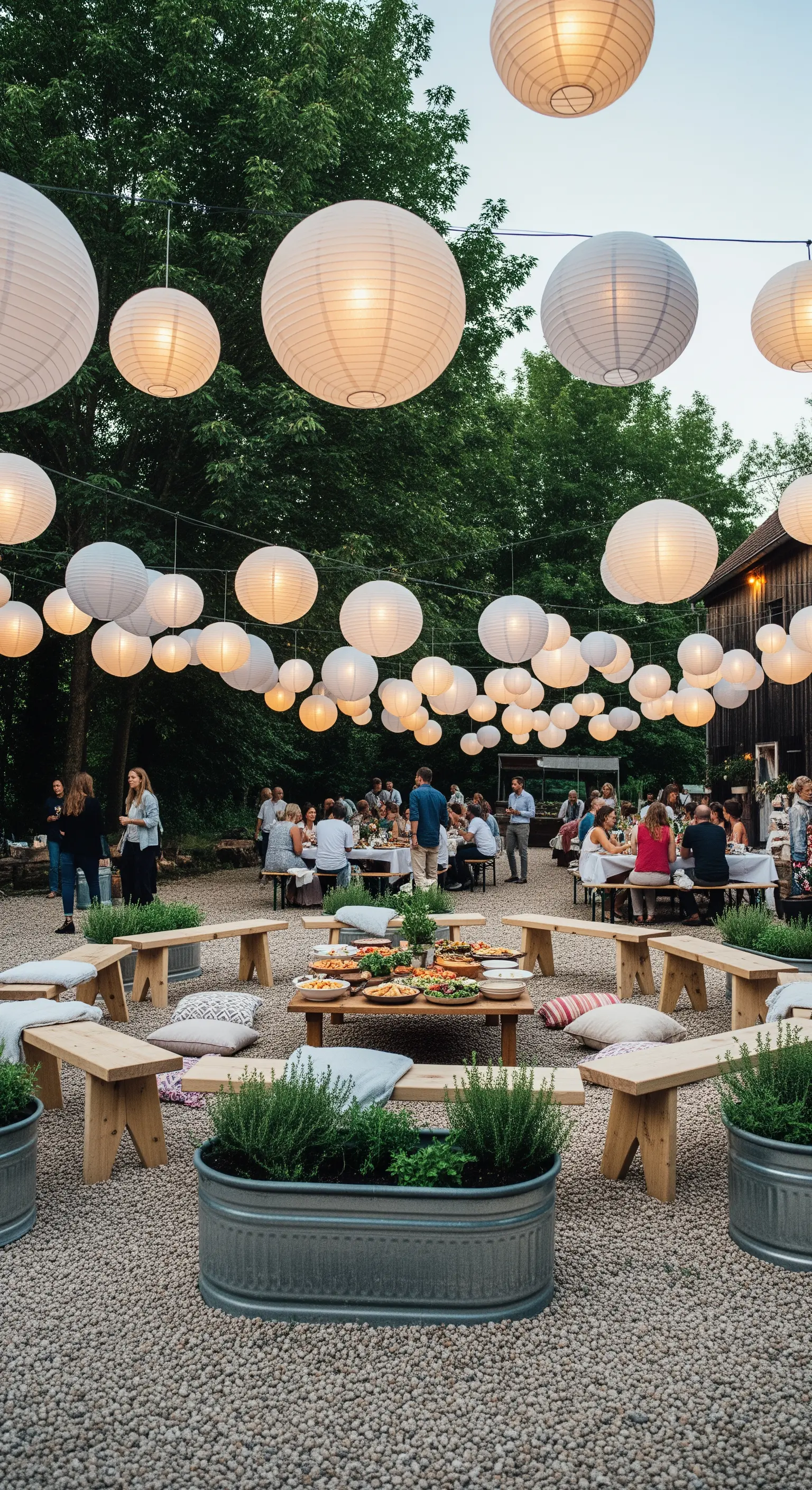 Festa in giardino con panche basse, cuscini a terra e un soffitto di lanterne di carta.