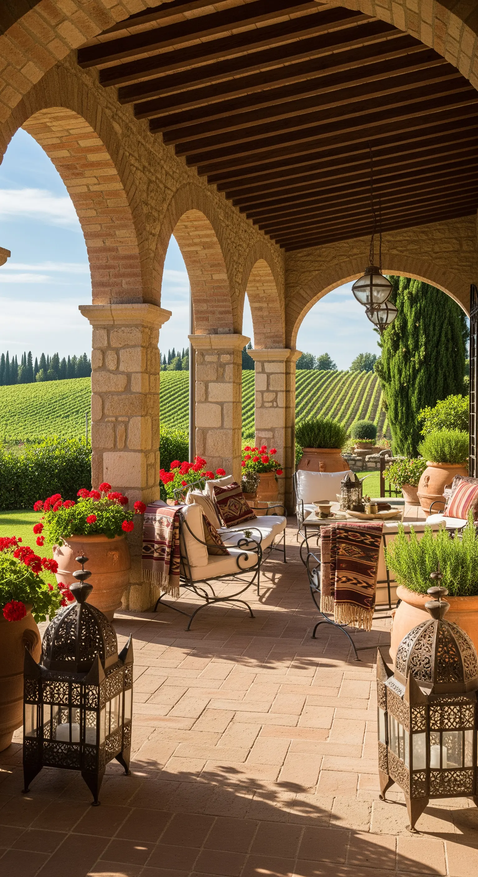 Portico in stile toscano con archi in pietra, arredi in ferro e tessuti kilim.