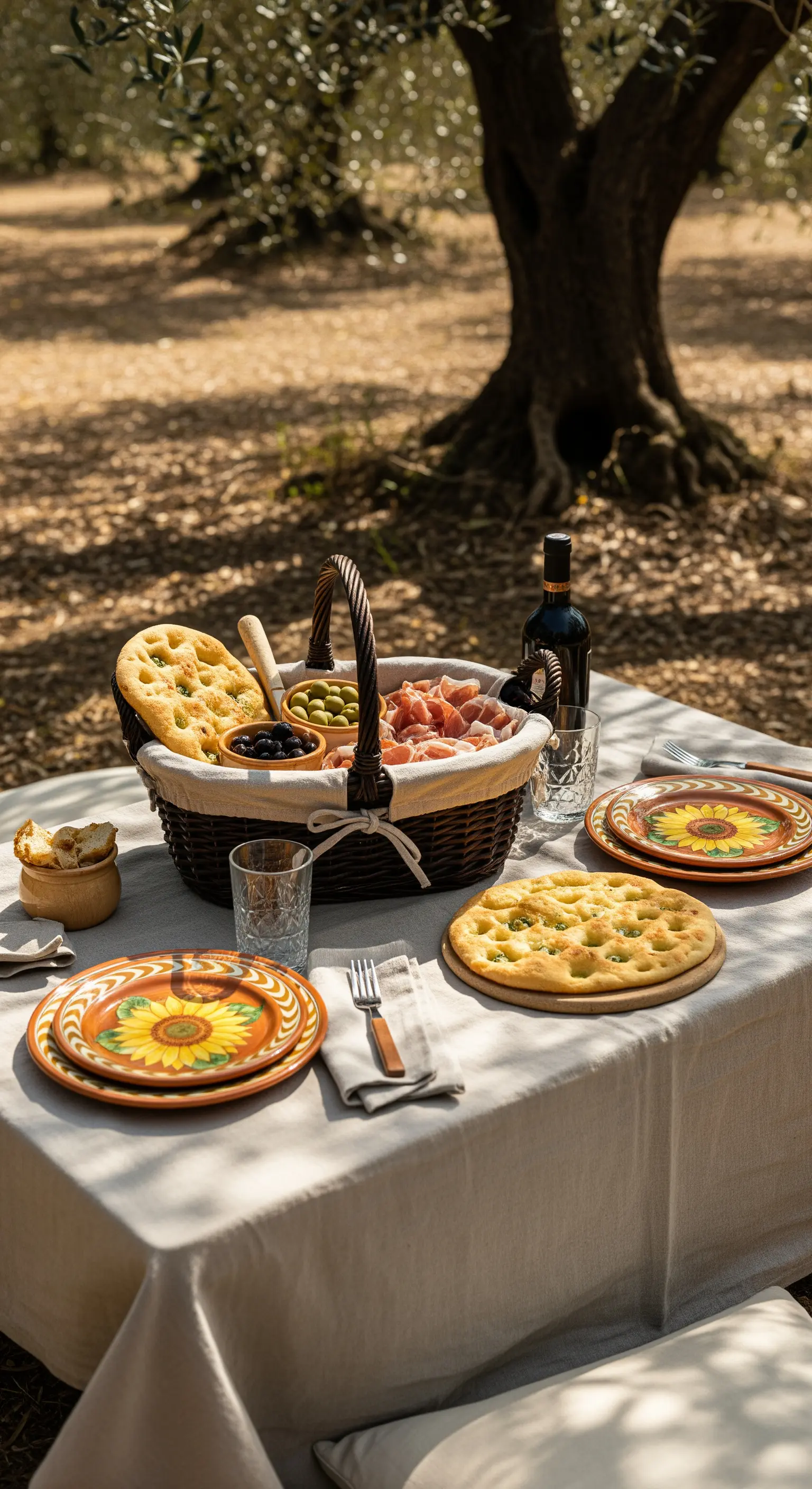 Tavolo da picnic sotto un ulivo con focaccia, olive e piatti in ceramica decorata.