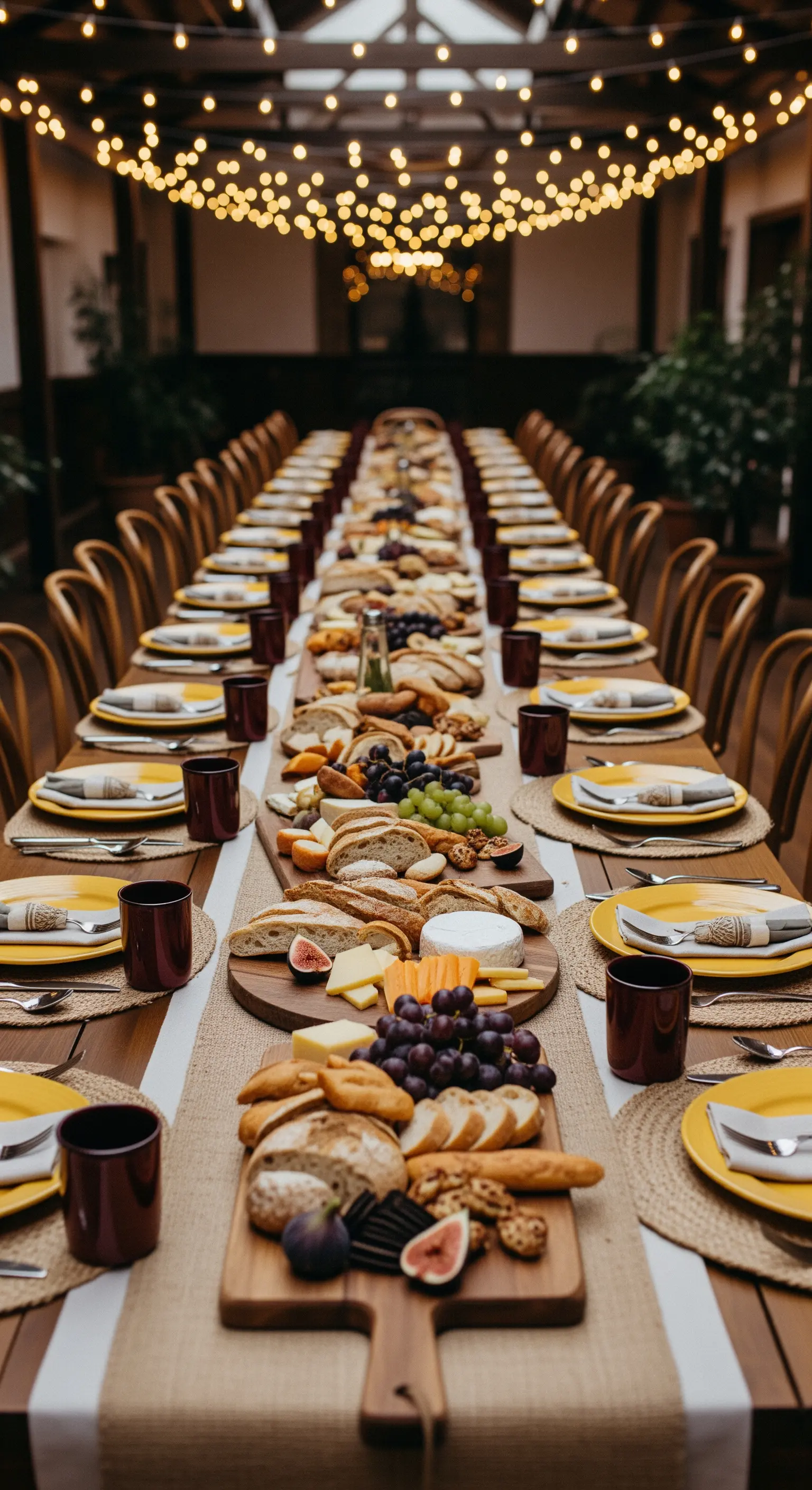 Lunga tavola imbandita con taglieri di legno pieni di formaggi, pane e frutta.