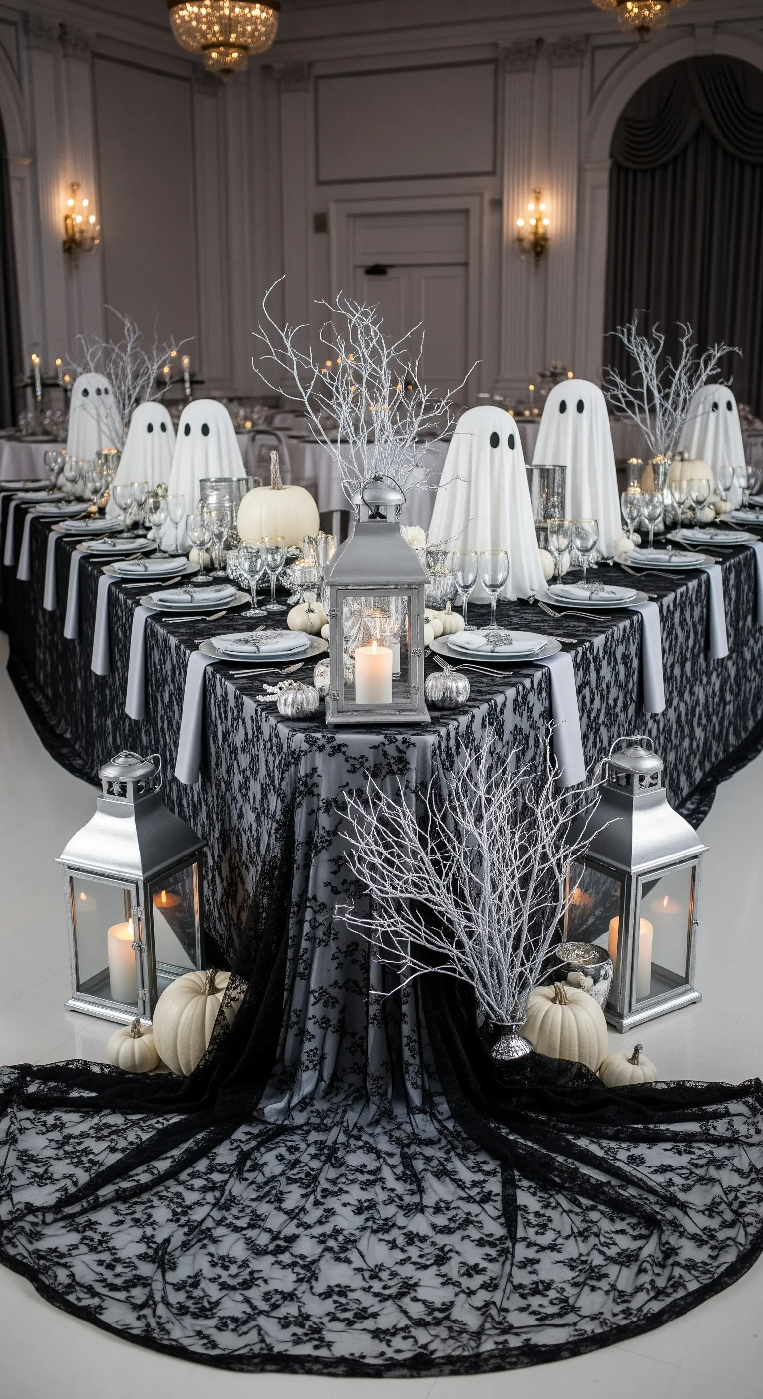 Tavola elegante a tema fantasmi con pizzo nero, zucche bianche e lanterne.