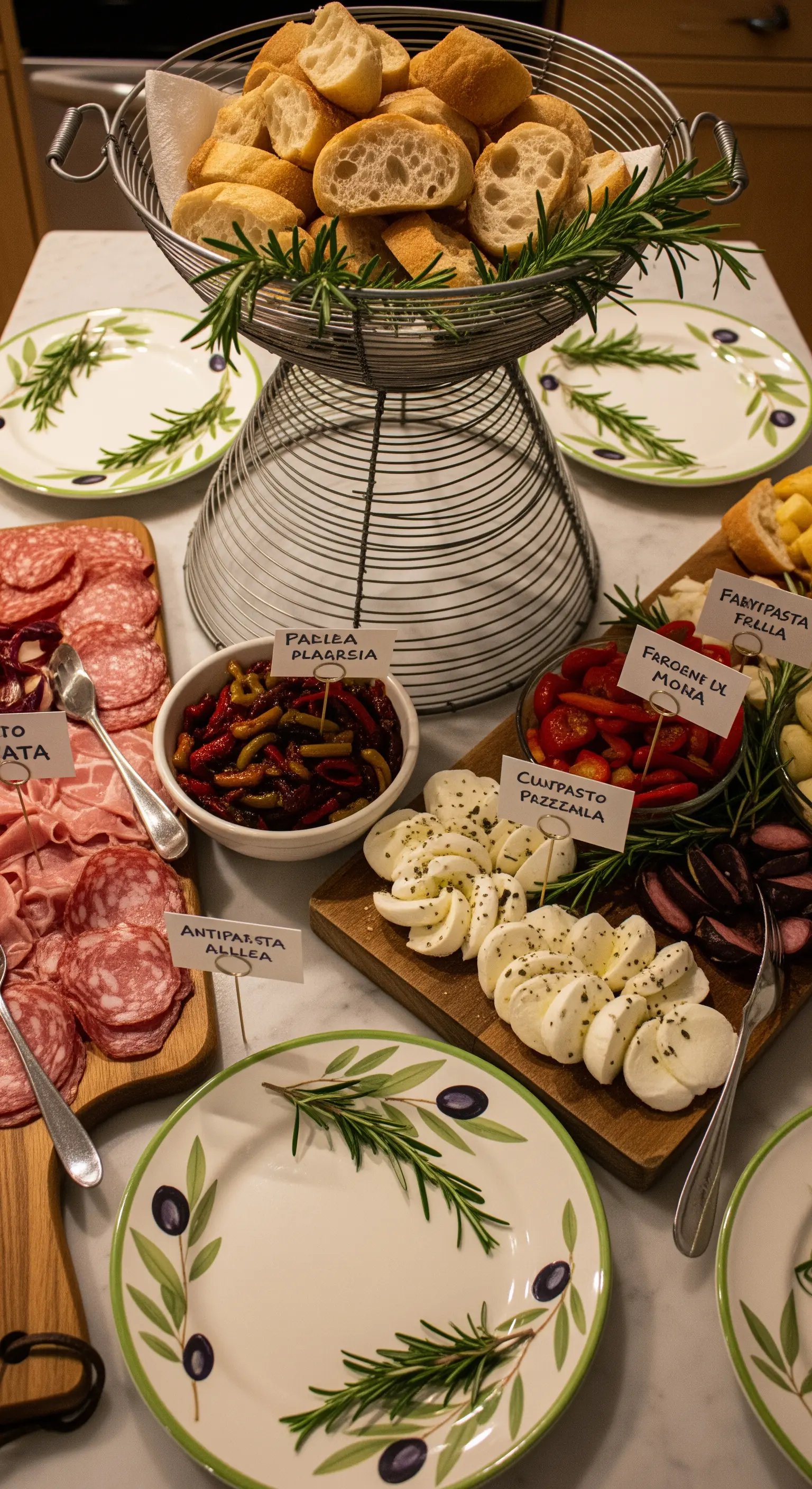 Buffet di antipasti italiani con salumi, mozzarella e verdure, con un cesto di metallo come alzata.