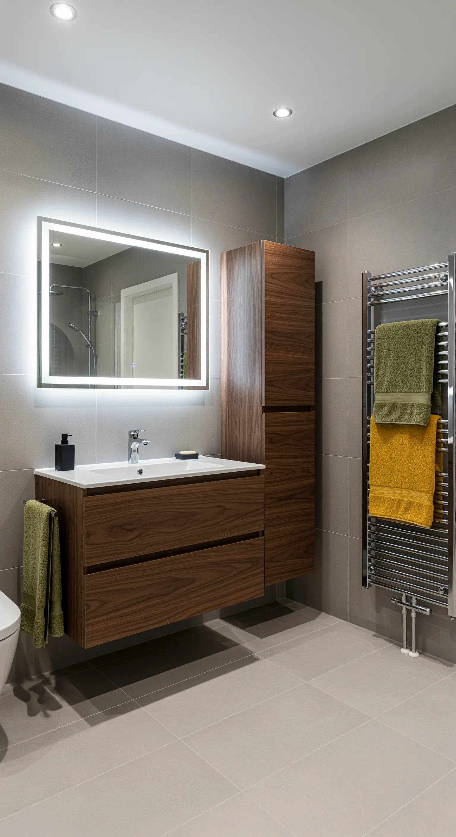 Bagno moderno con mobile in legno scuro e asciugamani senape e verdi su un termoarredo.