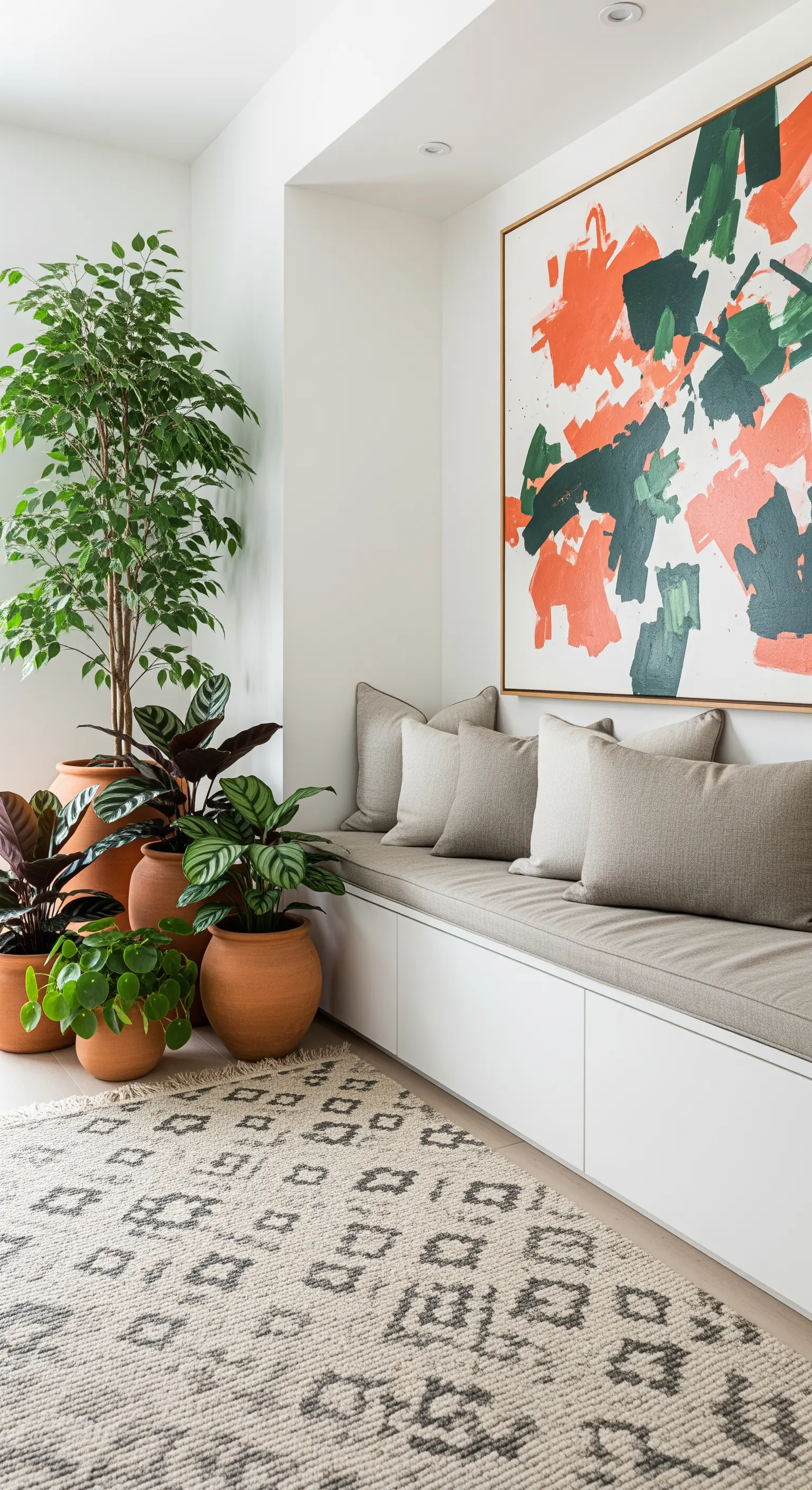 Angolo d'ingresso con panca bianca, cuscini e un quadro astratto arancione e verde sopra.