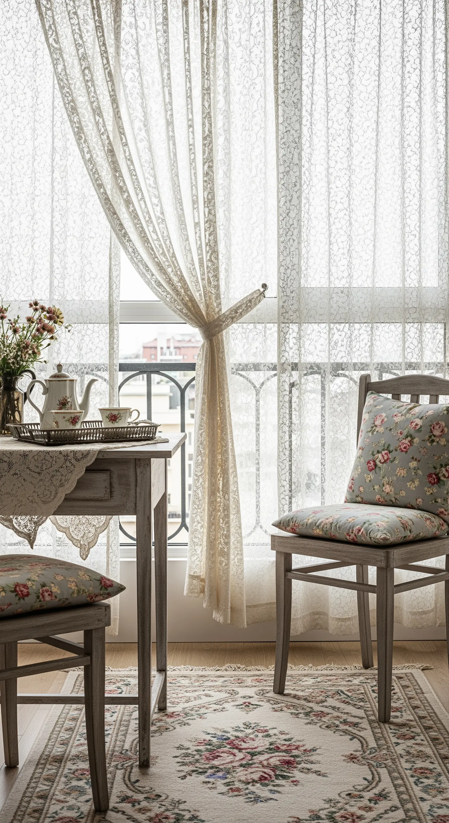 Angolo pranzo shabby chic su un balcone con tappeto e cuscini a motivi floreali coordinati.