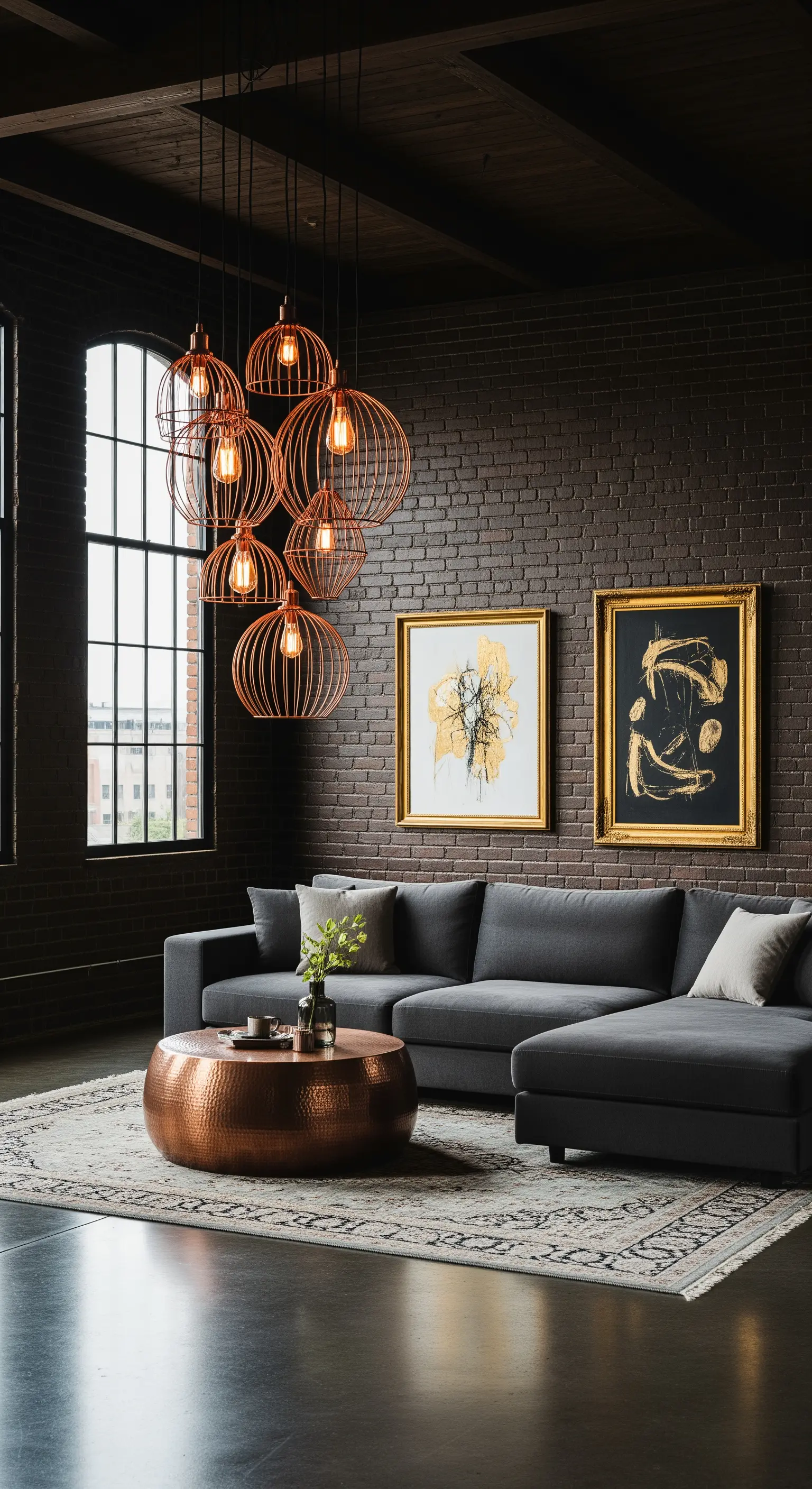 Salotto industriale con parete in mattoni, lampadario e tavolino in rame.
