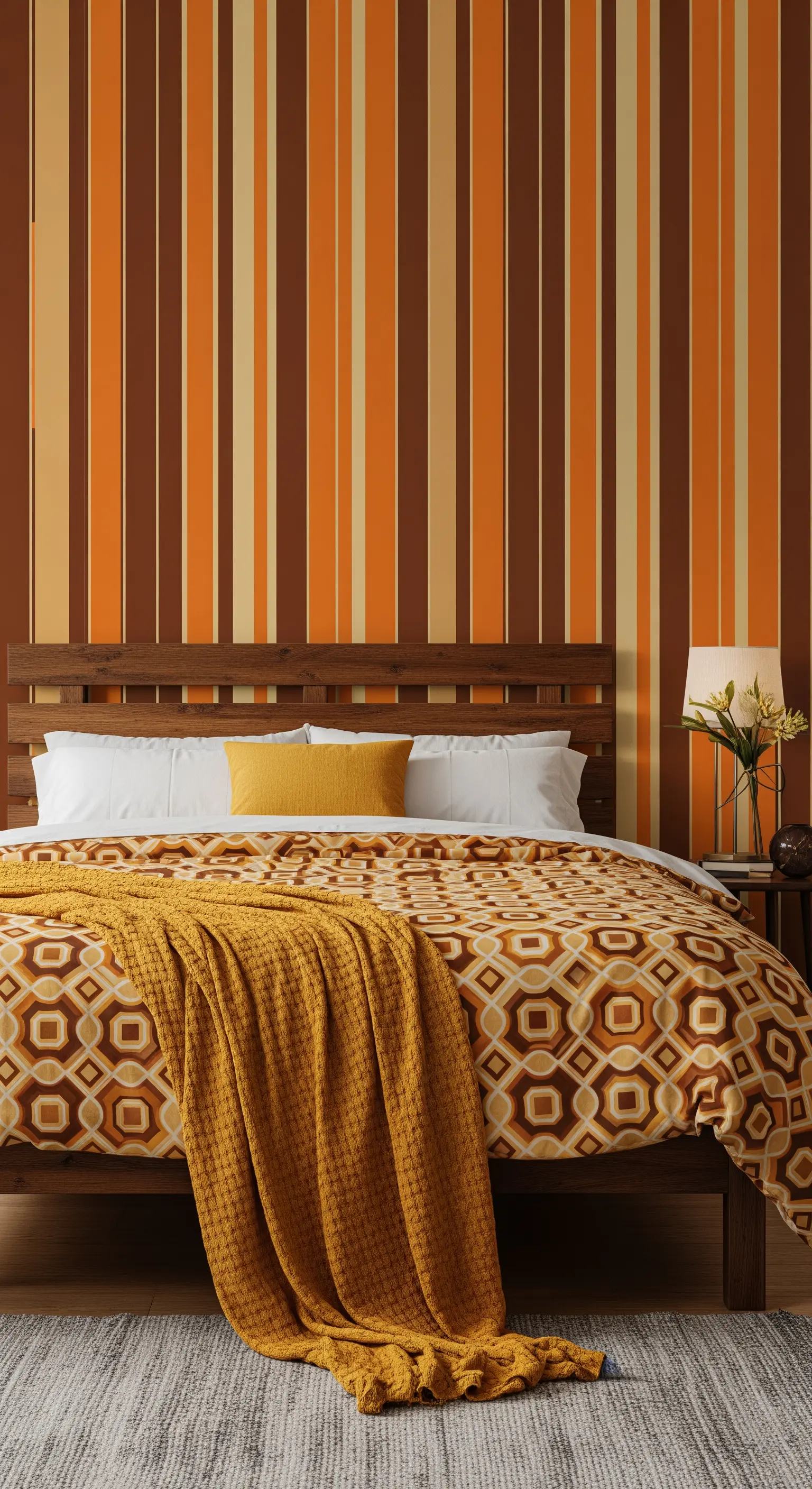 Letto con copripiumino a motivi geometrici contro una parete a righe verticali arancioni e marroni.