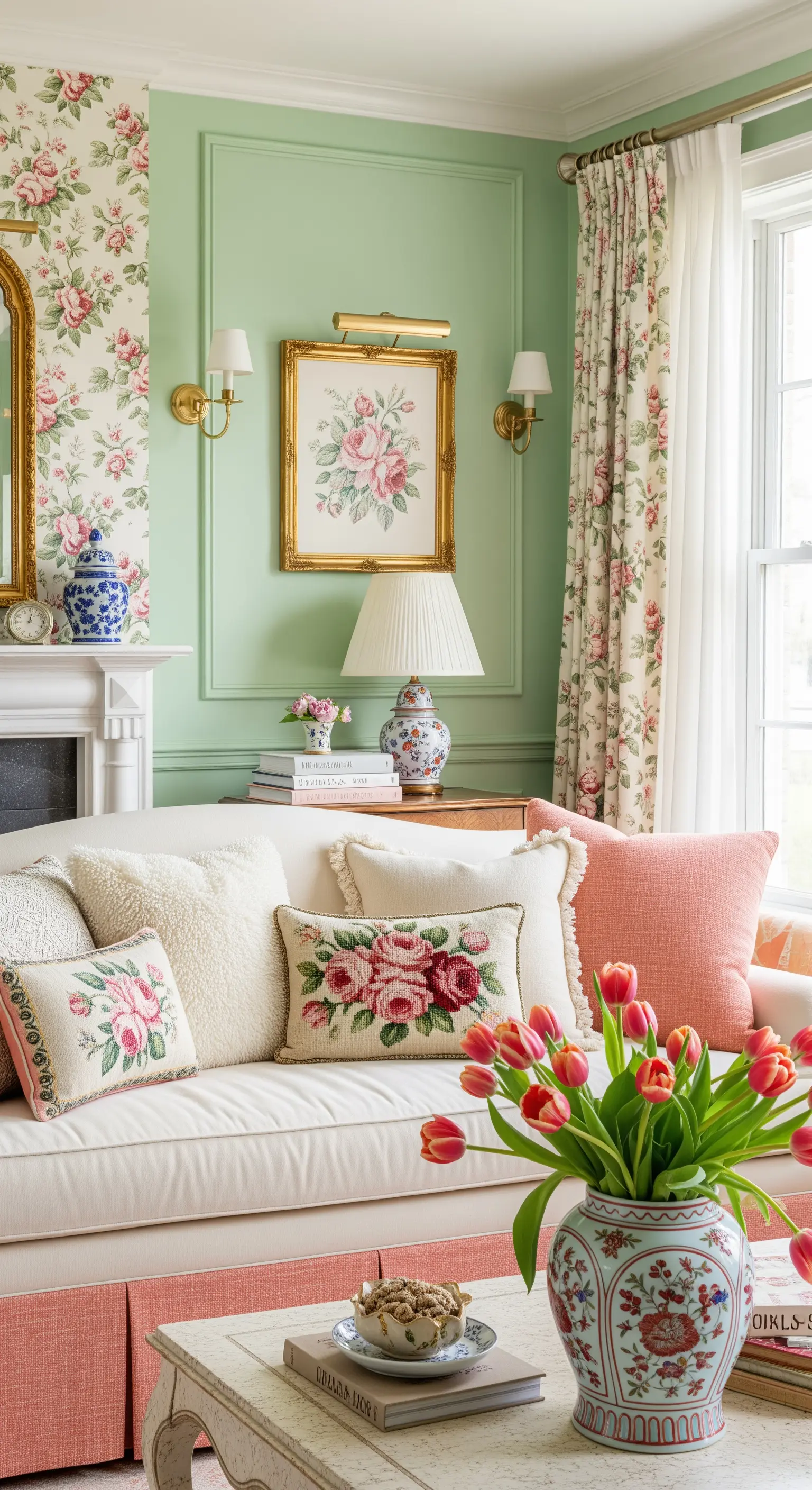 Salotto tradizionale con parete verde salvia, carta da parati floreale e cuscini ricamati.