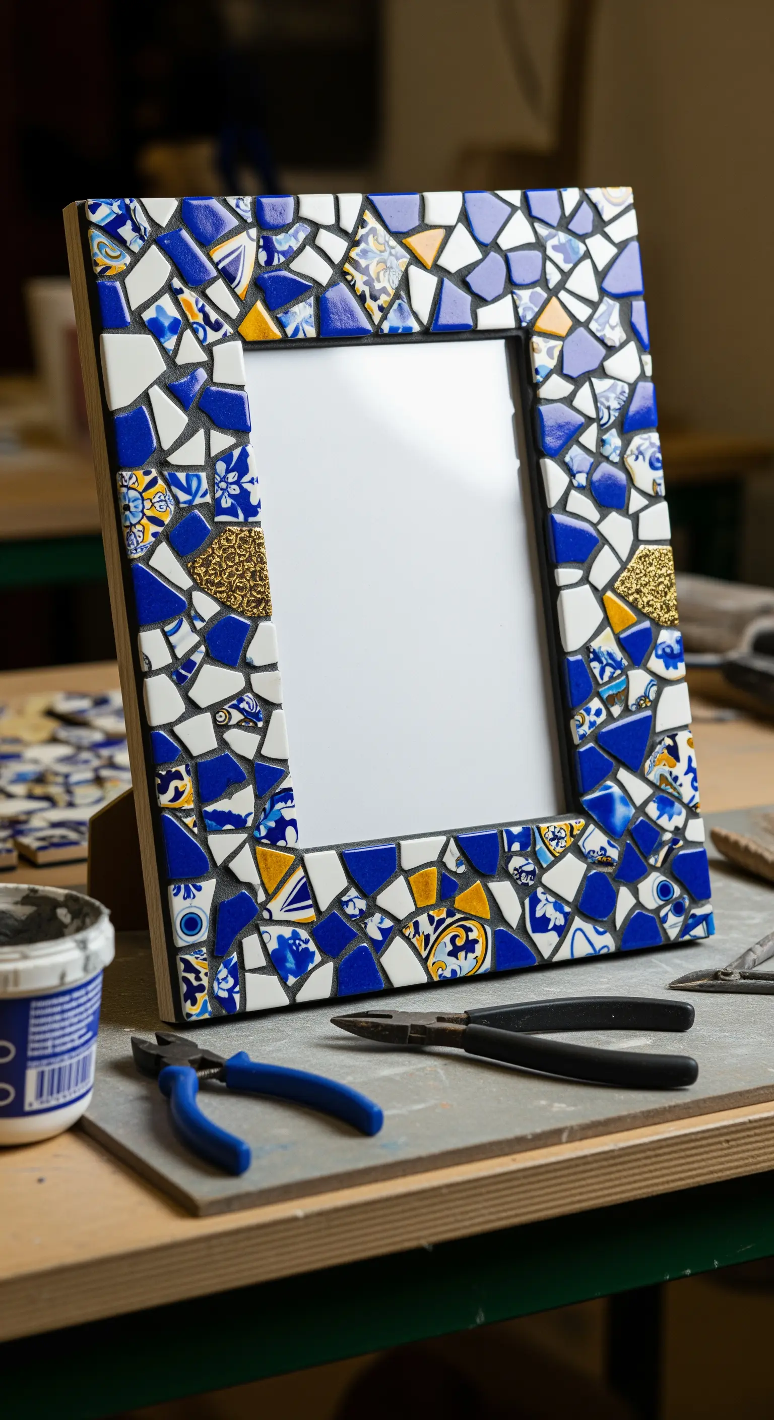 Cornice per foto decorata a mano con un mosaico di piastrelle blu, bianche e gialle.
