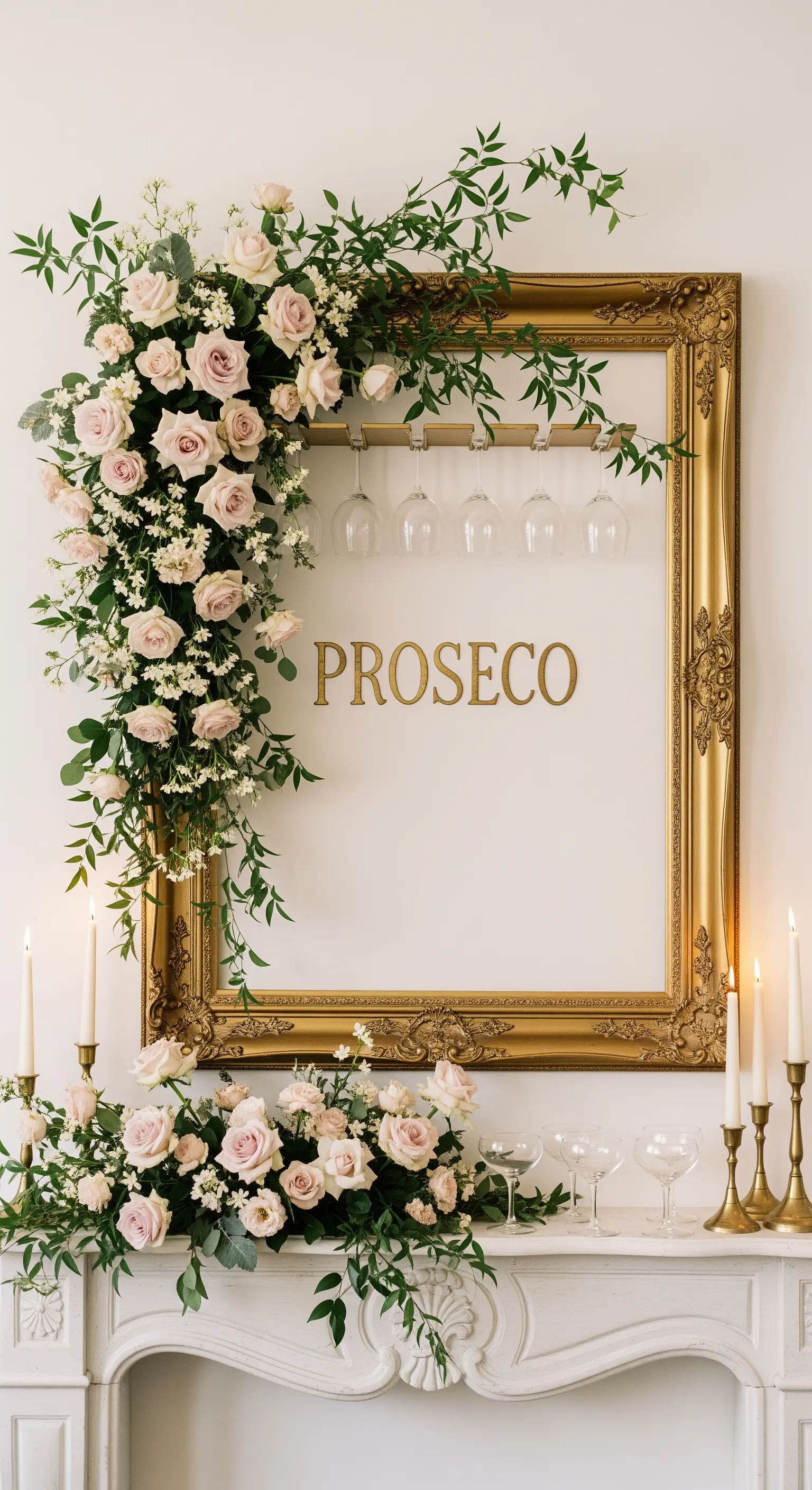 Grande cornice dorata decorata con rose rosa, usata come prosecco wall sopra un camino.