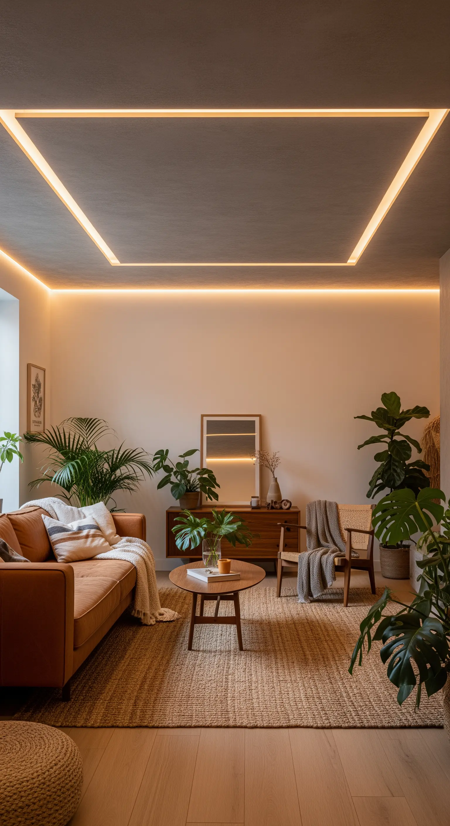 Soffitto scuro effetto cemento con una cornice rettangolare di luce LED calda.