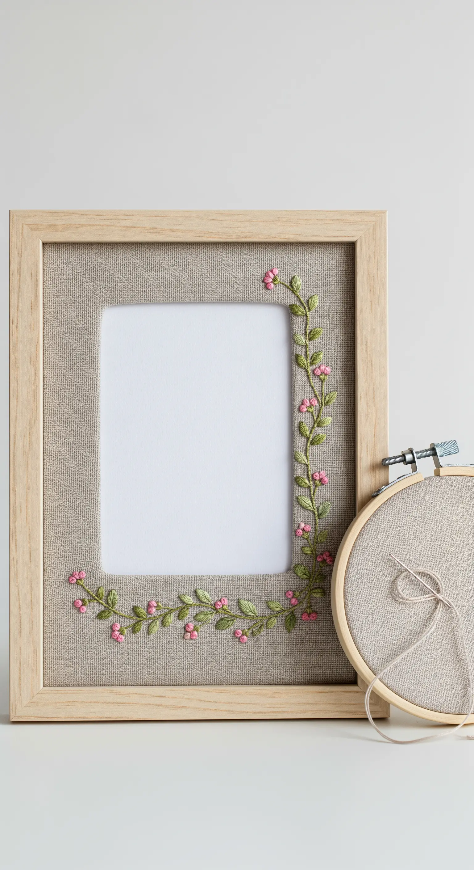 Cornice in legno con passe-partout in tessuto ricamato a mano con un motivo floreale.