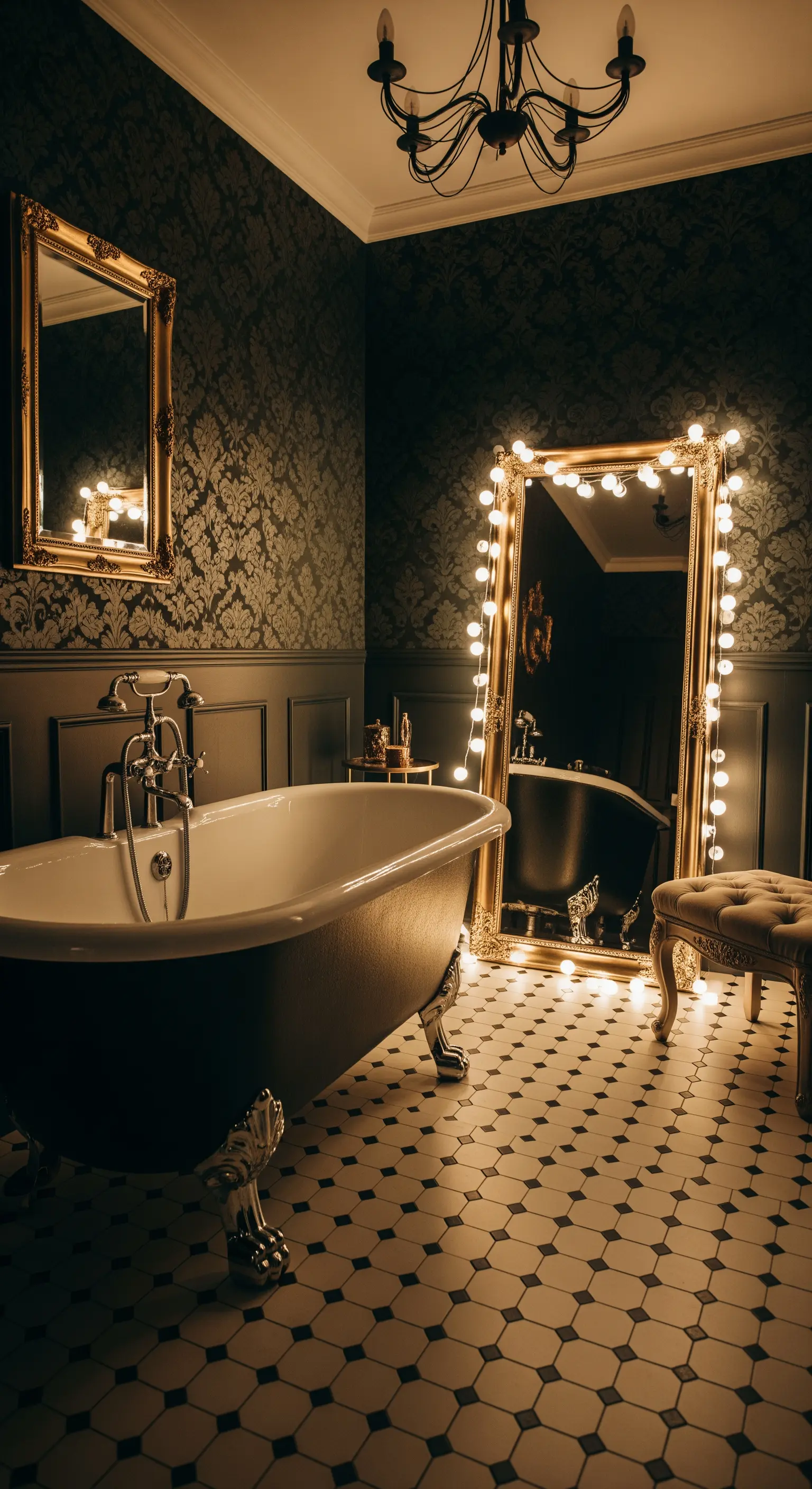 Specchio con cornice dorata e luci da camerino in un bagno classico con vasca rétro.