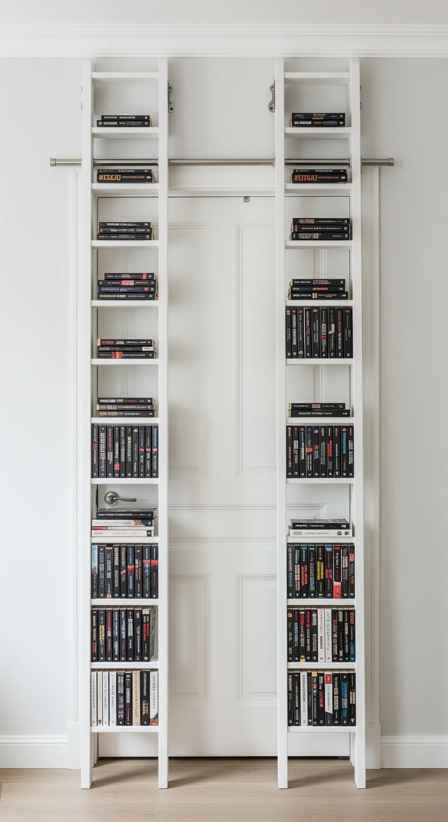 Due librerie a scala bianche e strette posizionate ai lati di una porta.