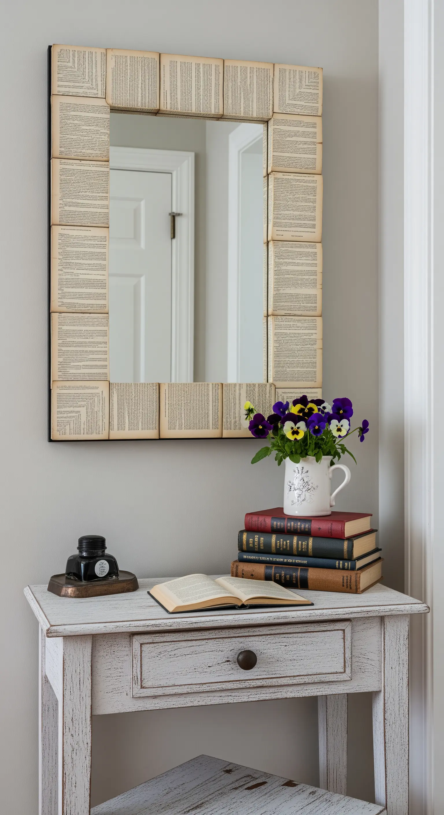 Specchio con una cornice fai-da-te realizzata con pagine di libri ingialliti.