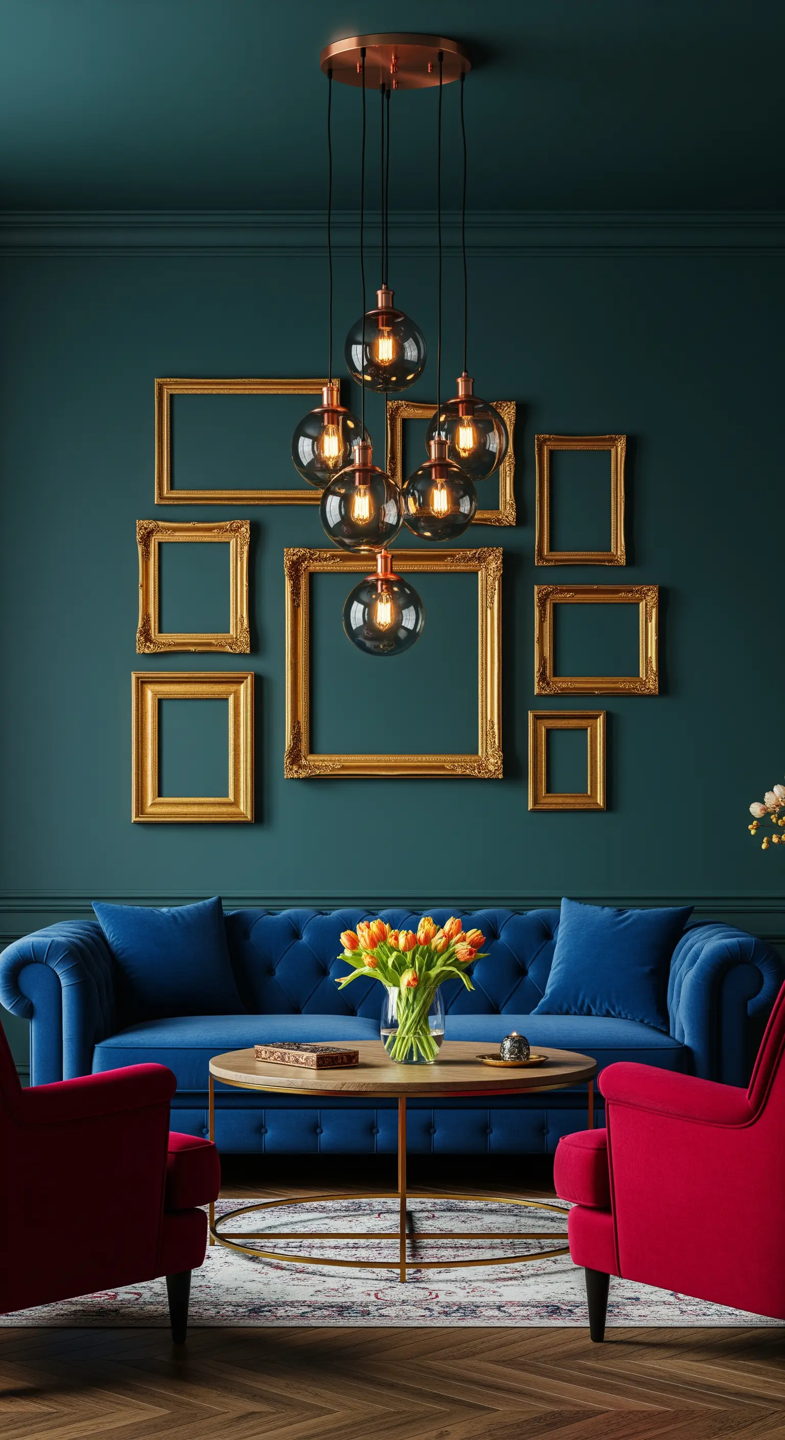 Parete blu-verde con divano in velluto e una composizione di cornici dorate vuote.