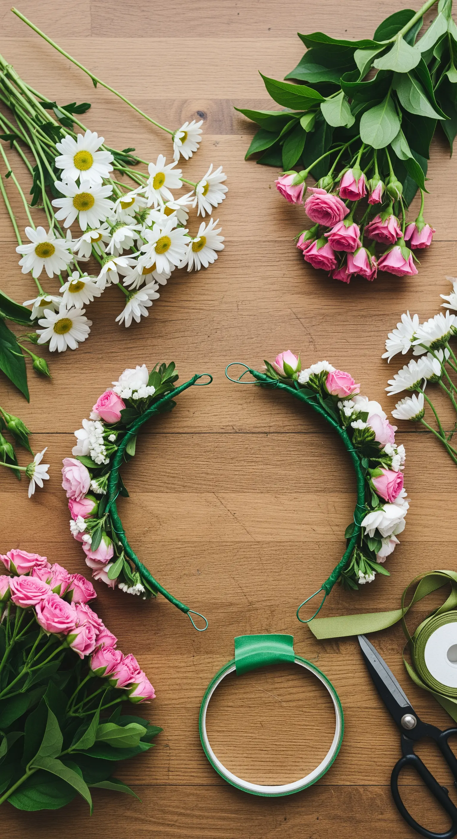 Creazione di corone di fiori freschi con rose rosa, margherite e nastro verde su un tavolo di legno.