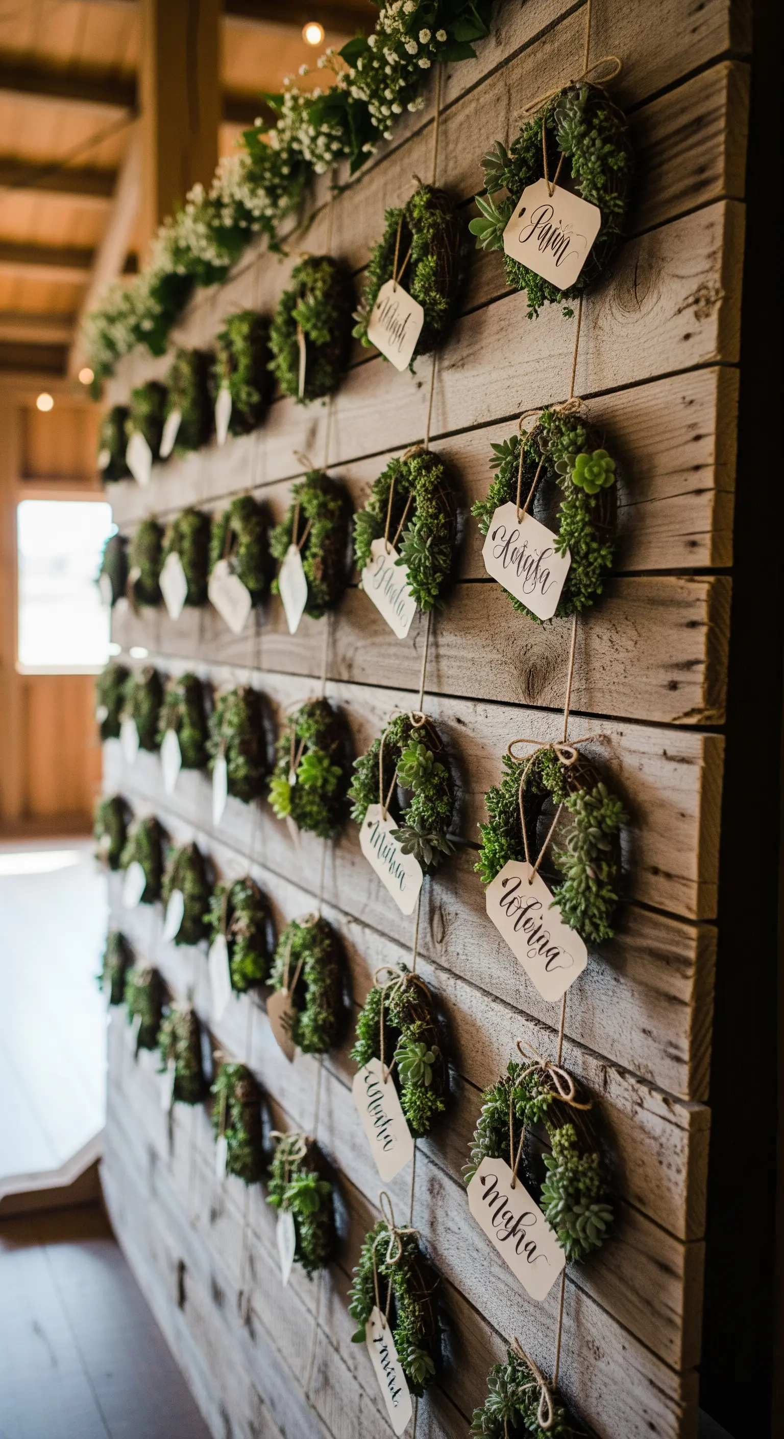 Tableau mariage con piccole ghirlande di piante grasse e nomi calligrafici su una parete di legno.