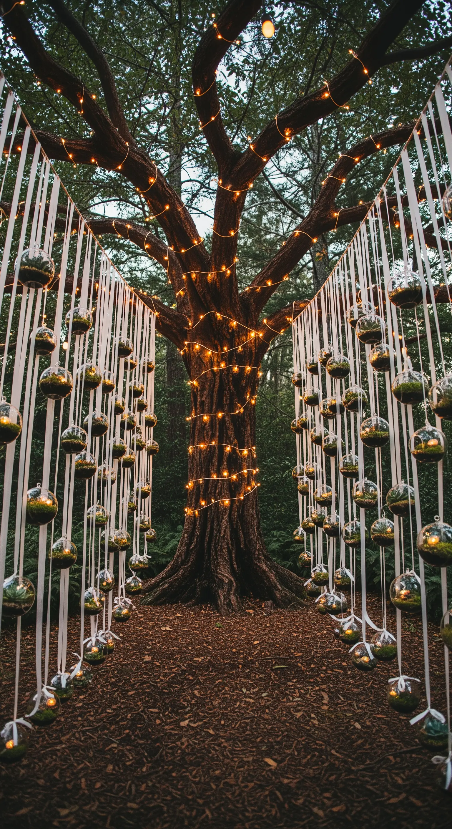 Corridoio nuziale con terrari sospesi a nastri bianchi e lucine calde su un albero.