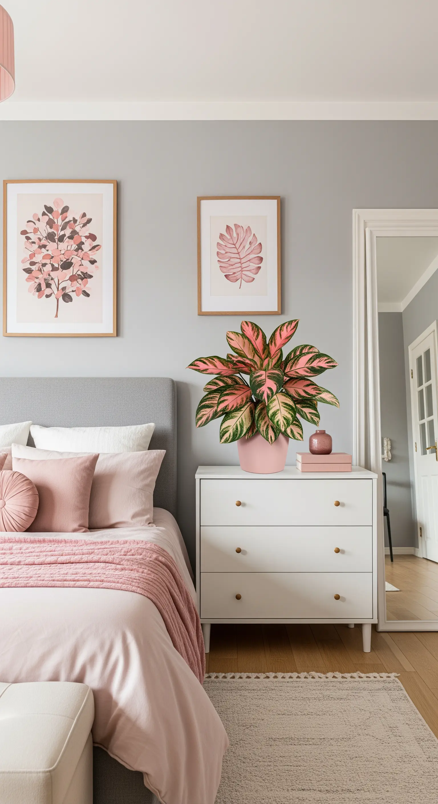 Camera da letto grigia e rosa con una pianta dalle foglie variegate di rosa su un comò bianco.