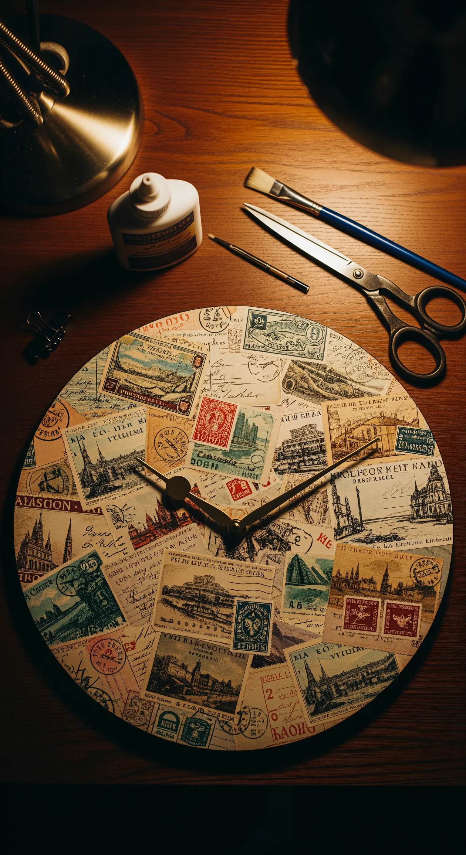 Un orologio da parete fai-da-te decorato con un collage di francobolli d'epoca.