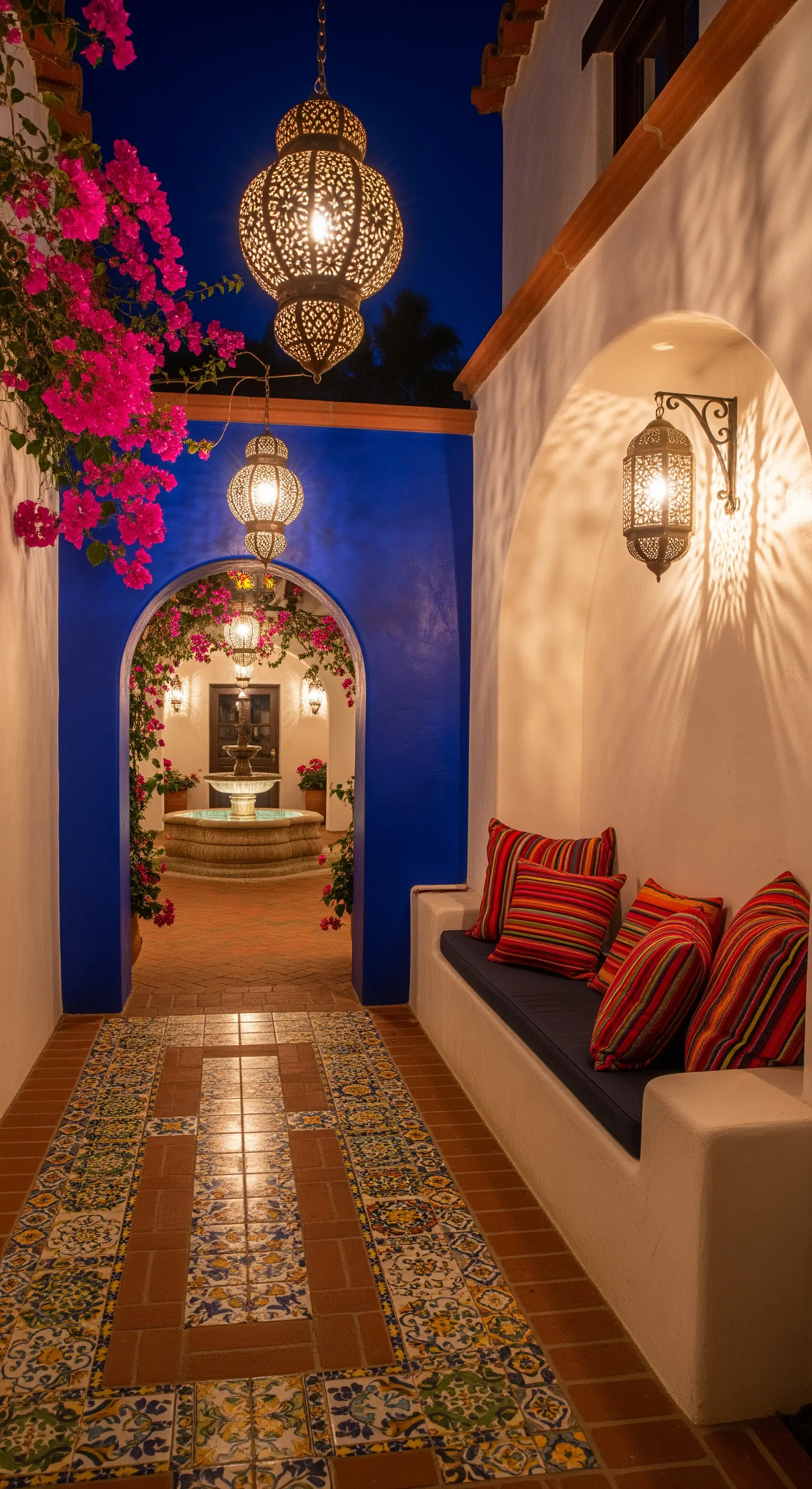 Patio in stile mediterraneo con un arco blu intenso, lanterne marocchine e cuscini colorati.