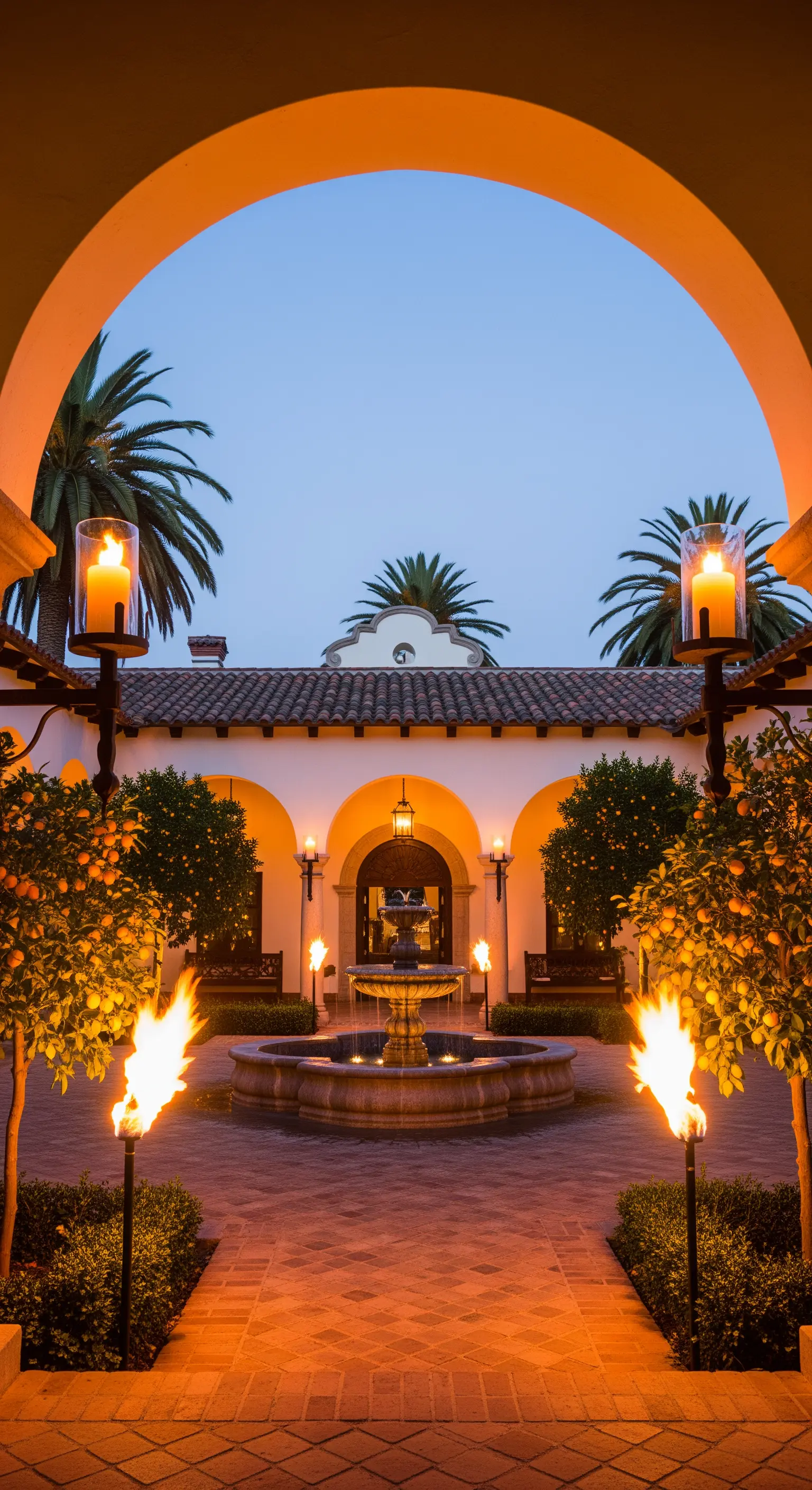 Patio in stile ispanico con archi, una fontana centrale, palme e grandi torce accese.