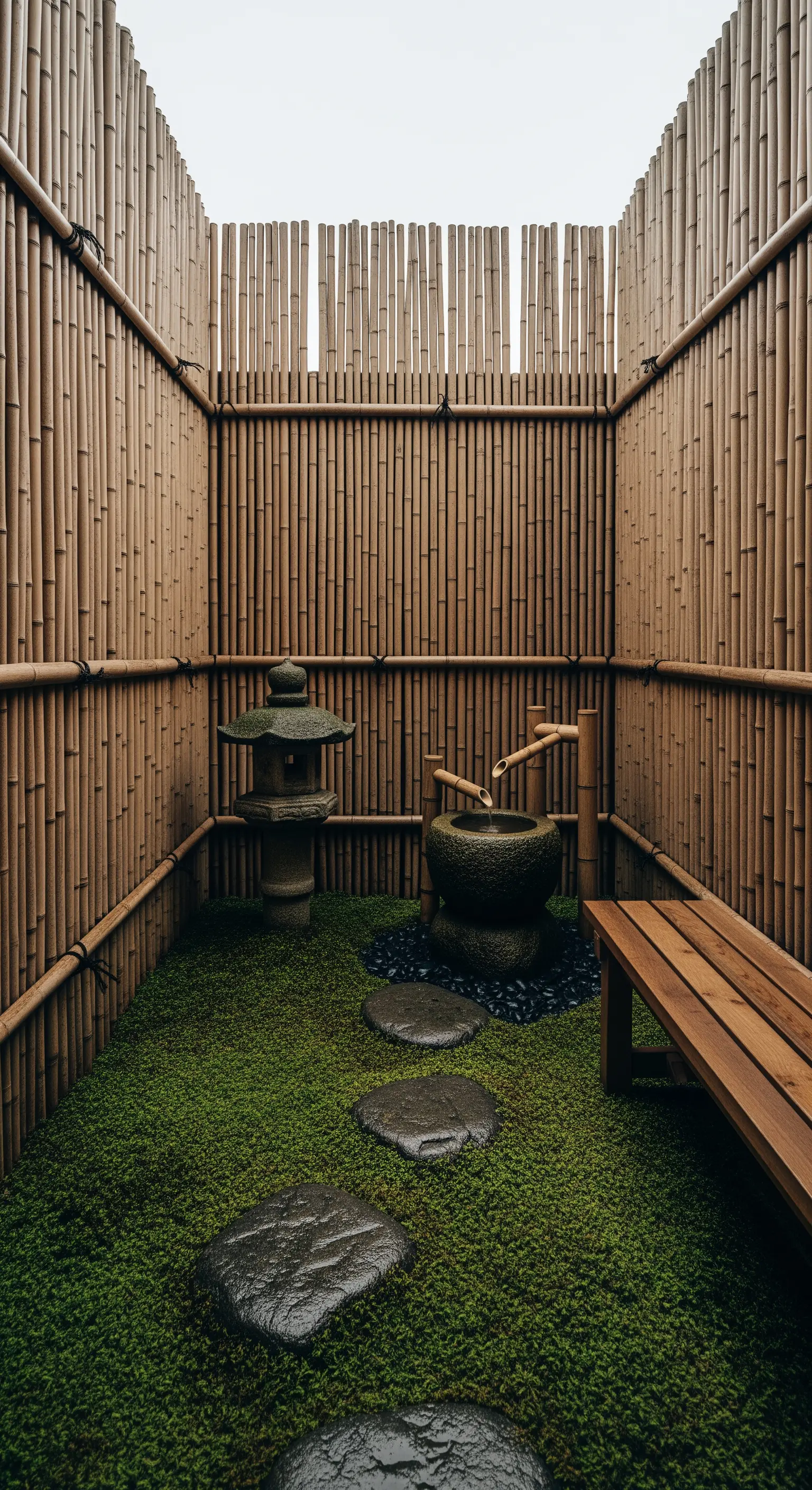 Piccolo cortile recintato con pareti di bambù, pavimento di muschio e un lavabo in pietra.