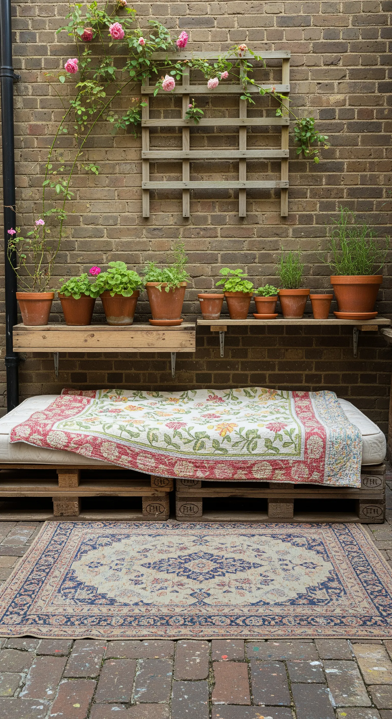 Cortile con letto in pallet, tappeto persiano, mensole con piante e parete di mattoni.