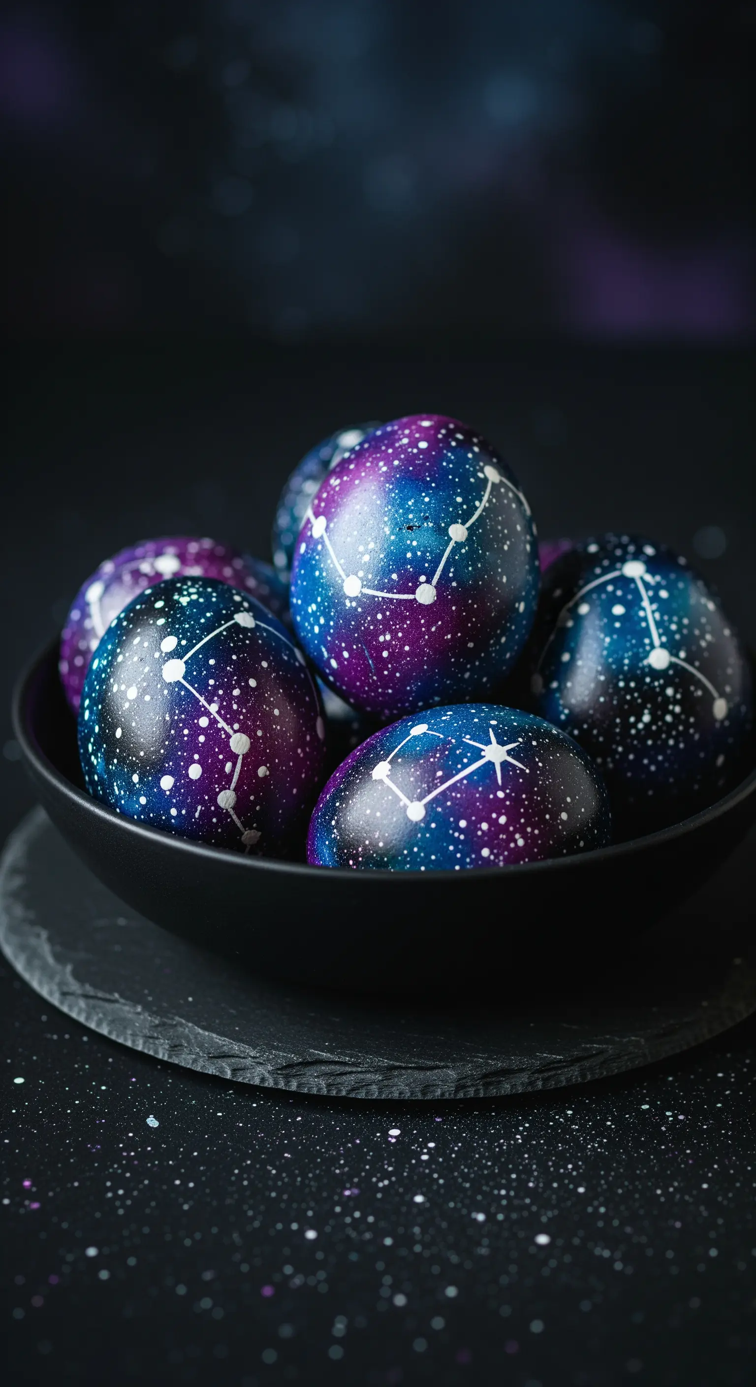 Uova pasquali dipinte a tema galassia con costellazioni bianche in una ciotola nera.