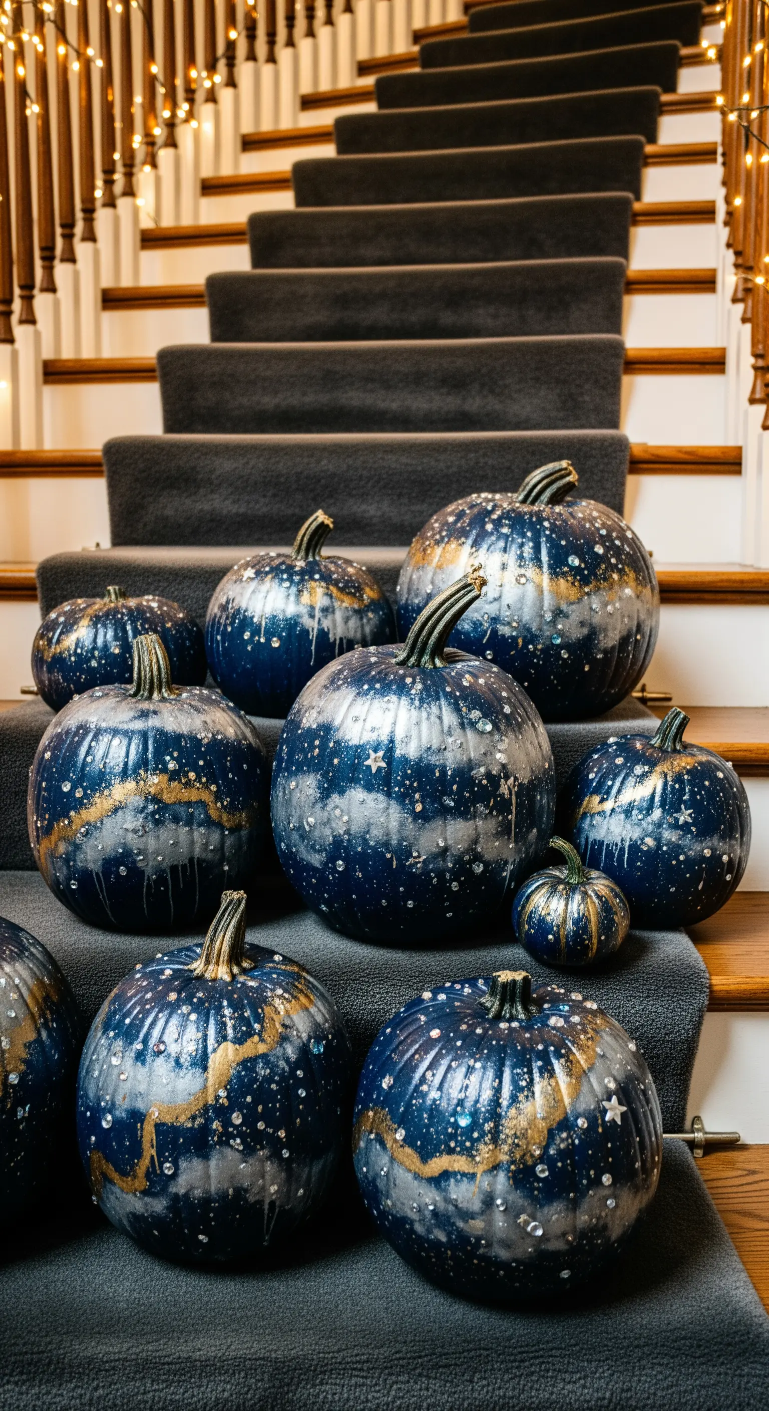 Zucche blu notte decorate come galassie con glitter argento e strass sulle scale.