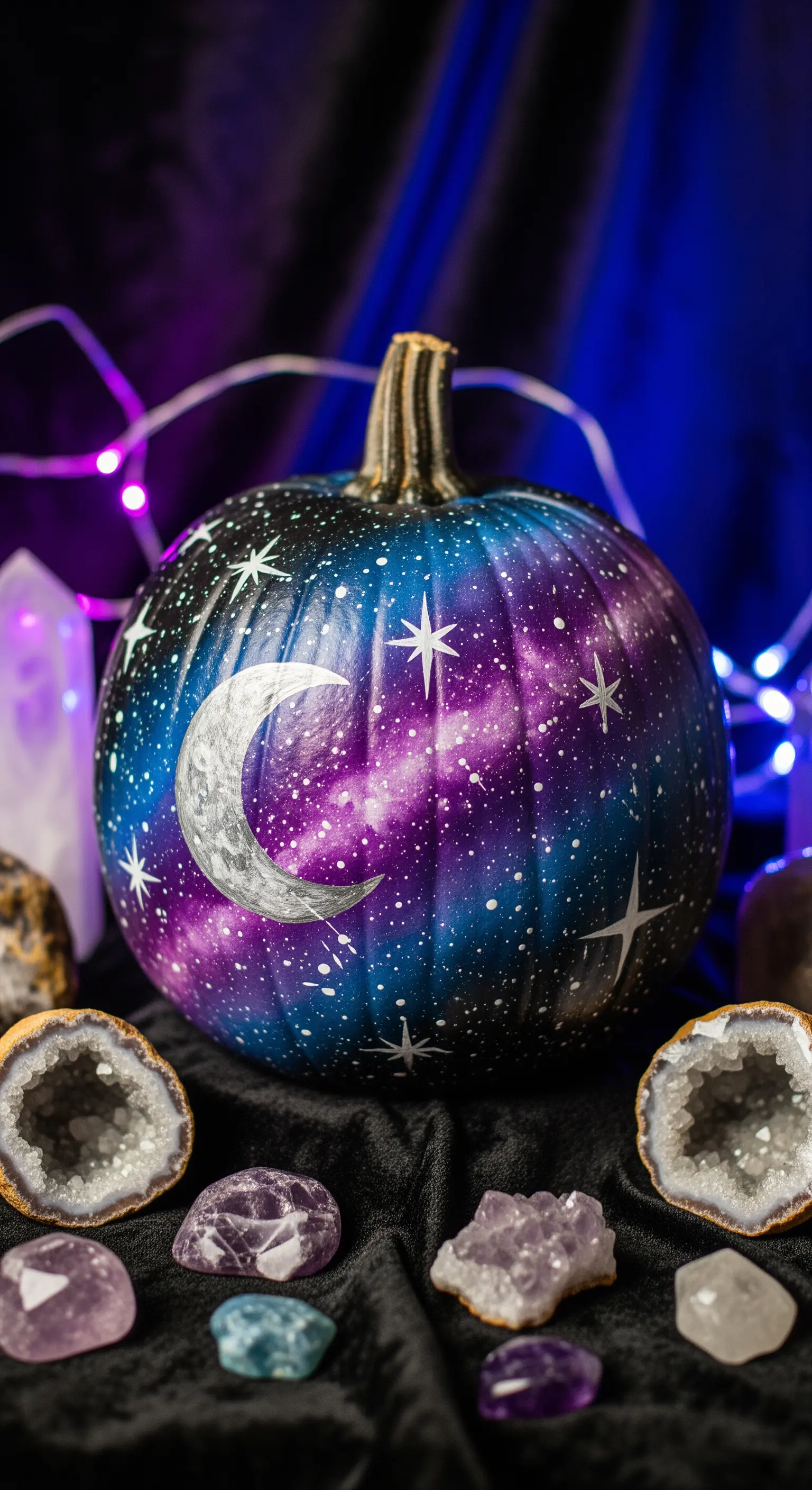 Zucca dipinta come una galassia notturna, con una luna crescente, stelle e cristalli intorno.