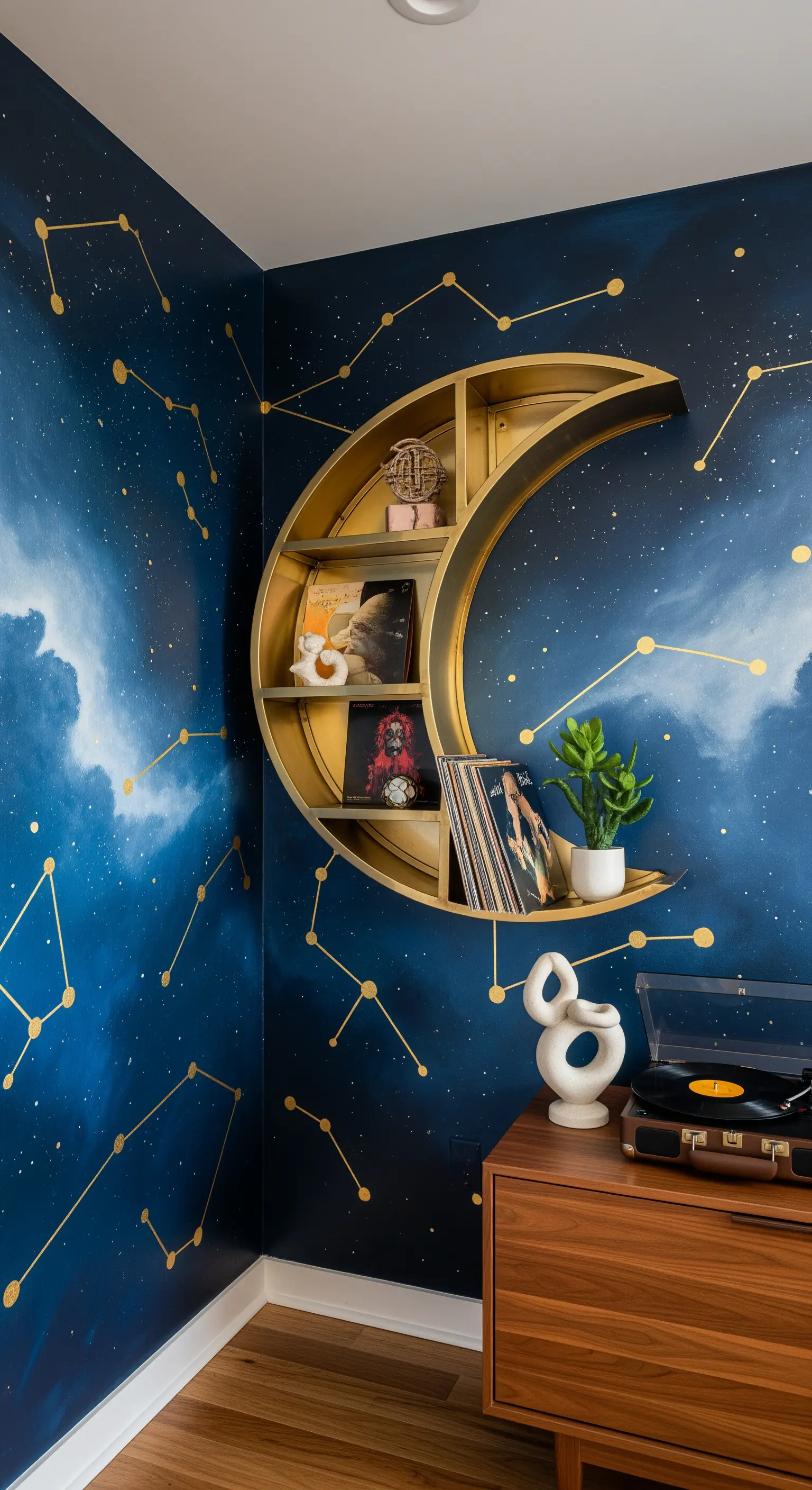 Mensola dorata a forma di luna su una parete con murale di un cielo stellato.
