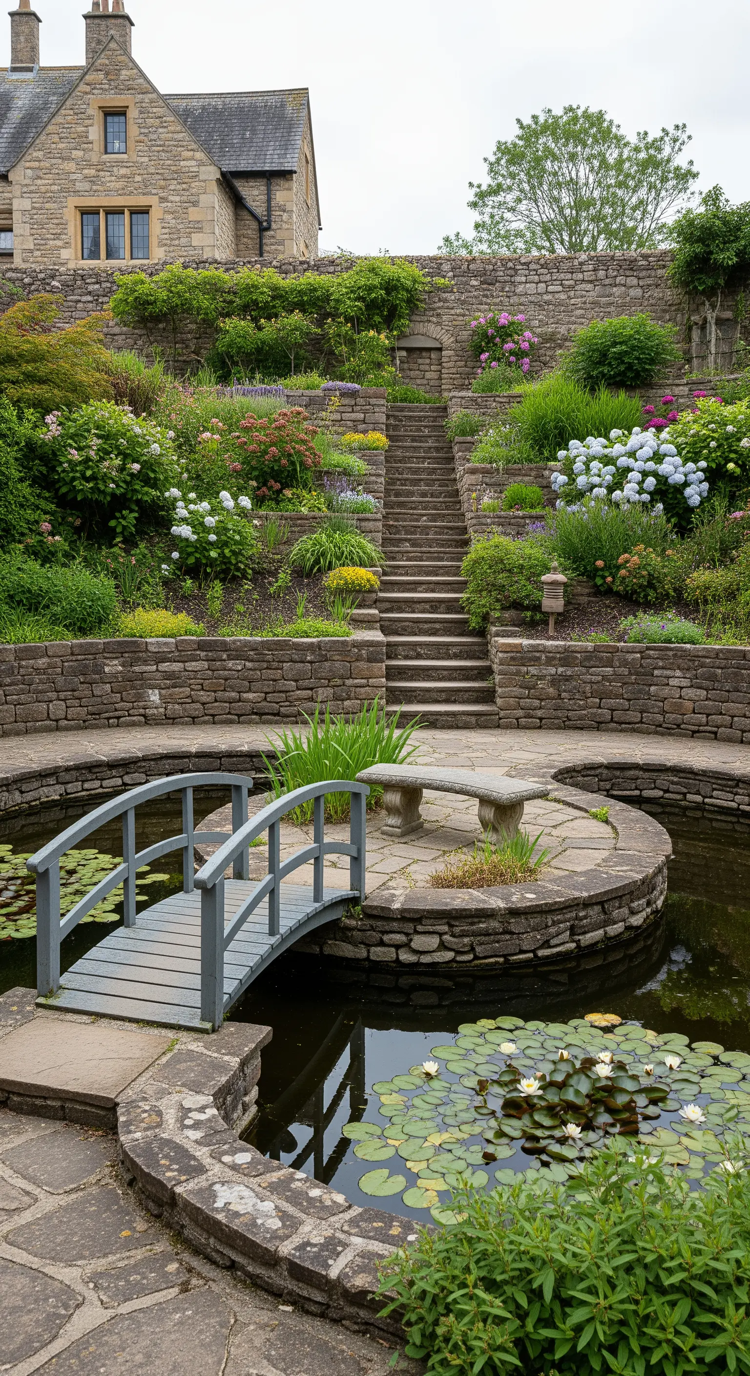 Giardino terrazzato in pietra con un piccolo ponte grigio che conduce a un'isola nel laghetto