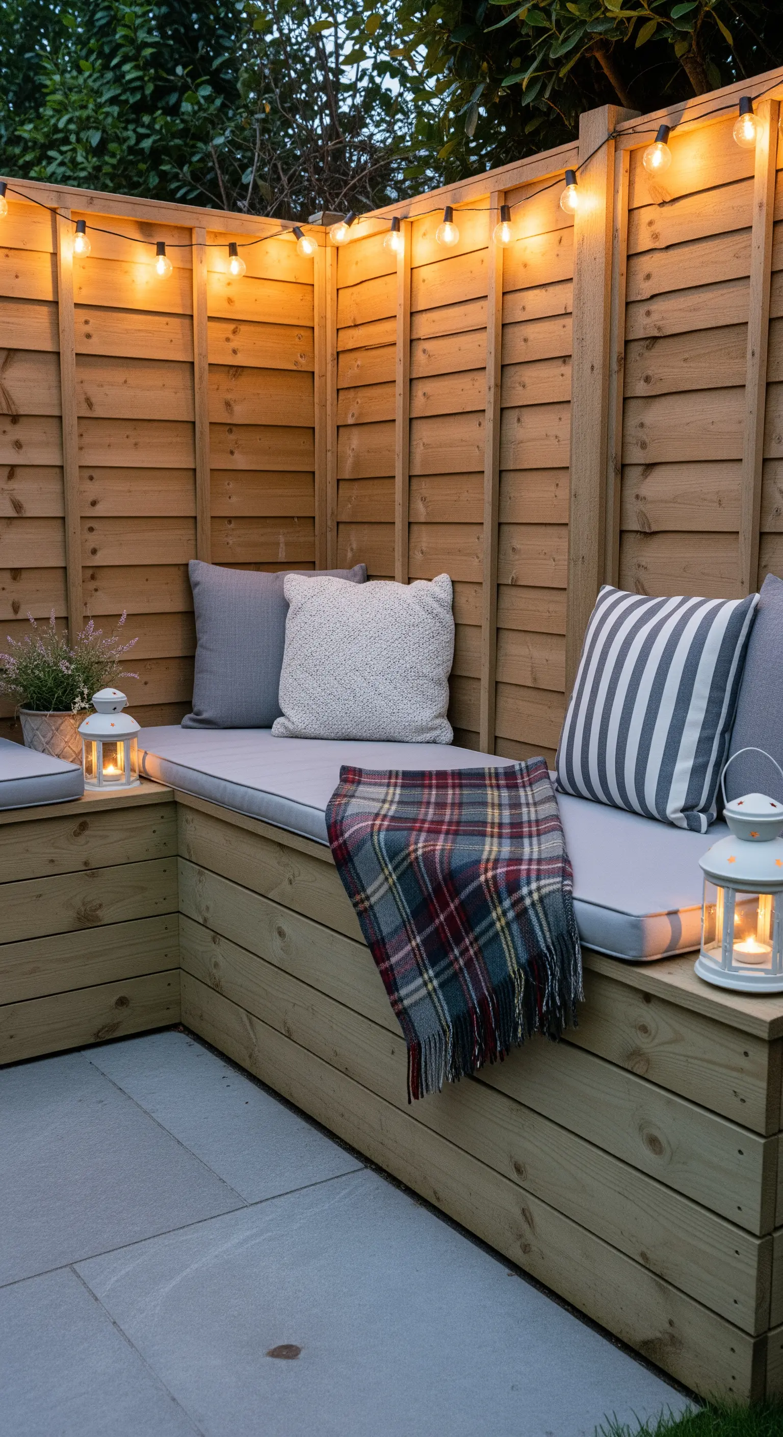 Angolo accogliente con panca in legno a L, cuscini, plaid e luci a stringa.