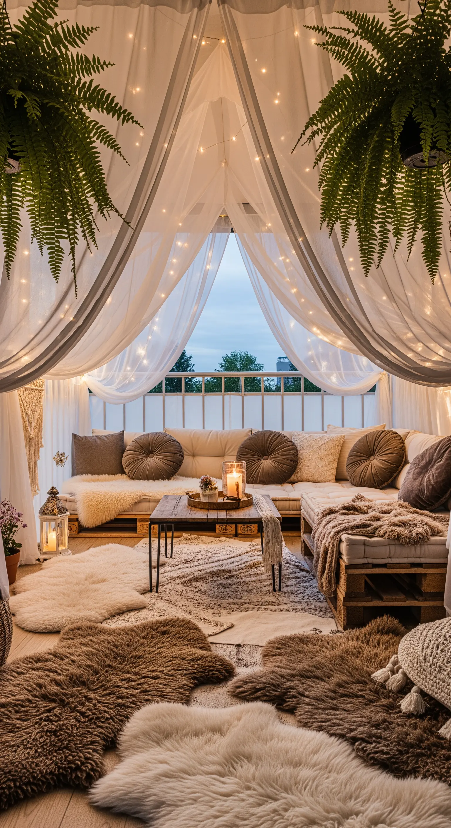 Balcone in stile boho chic con divano in pallet, cuscini, tappeti sovrapposti e tende a baldacchino con lucine.