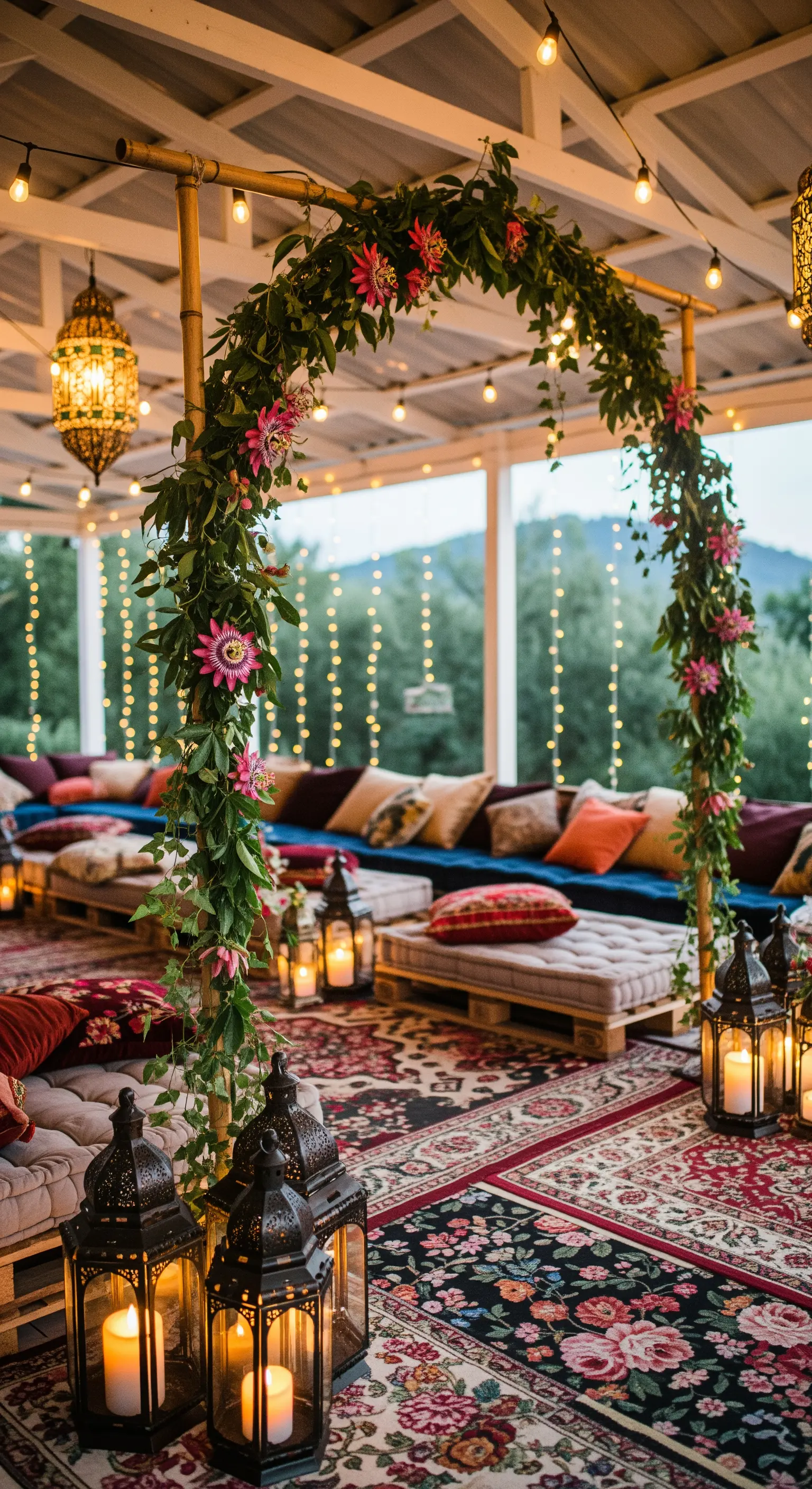 Allestimento bohémien con sedute su pallet, tappeti persiani, lanterne e un arco fiorito