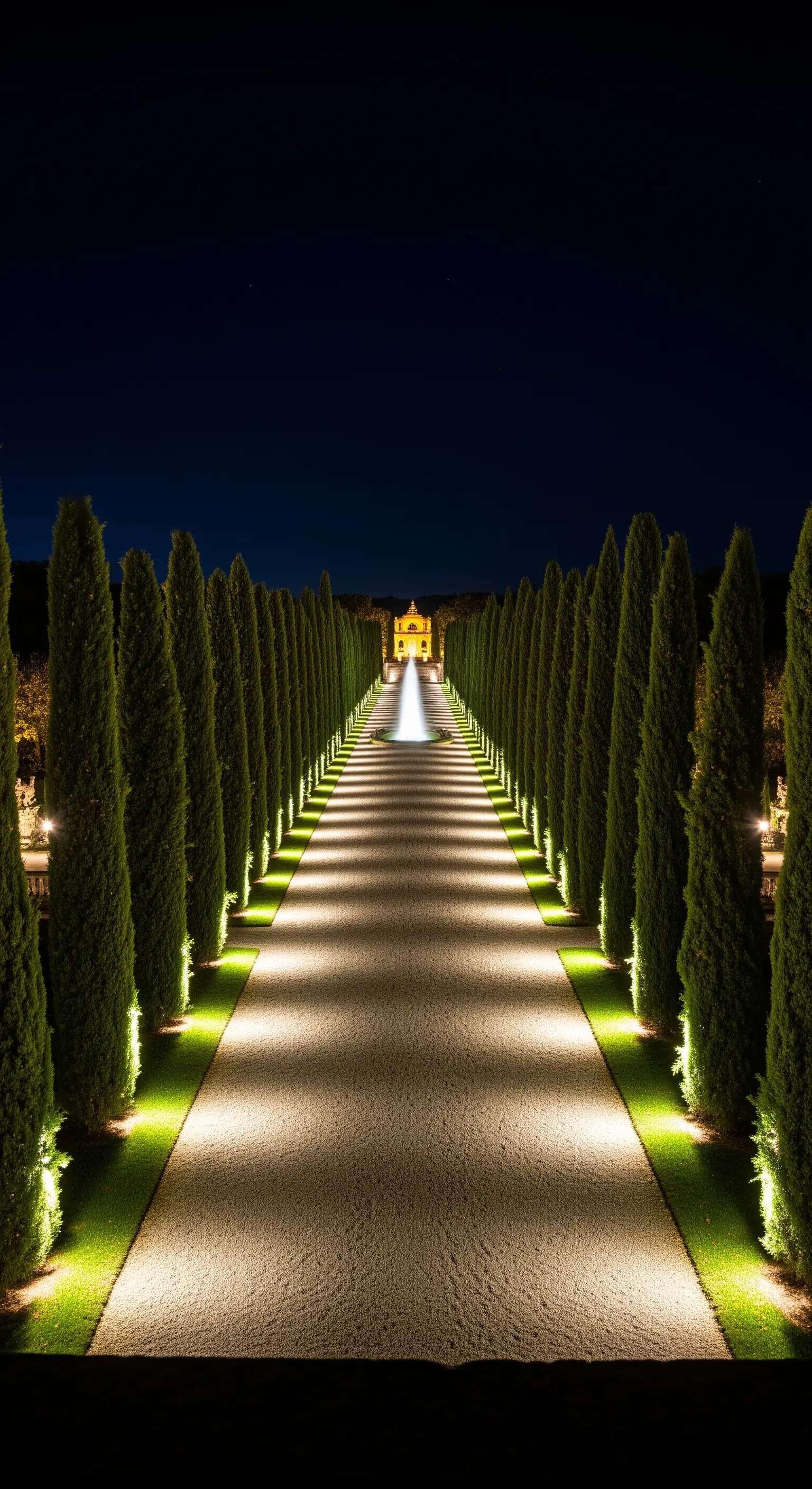 Lungo viale prospettico fiancheggiato da cipressi illuminati dal basso, che conduce a una villa in lontananza.
