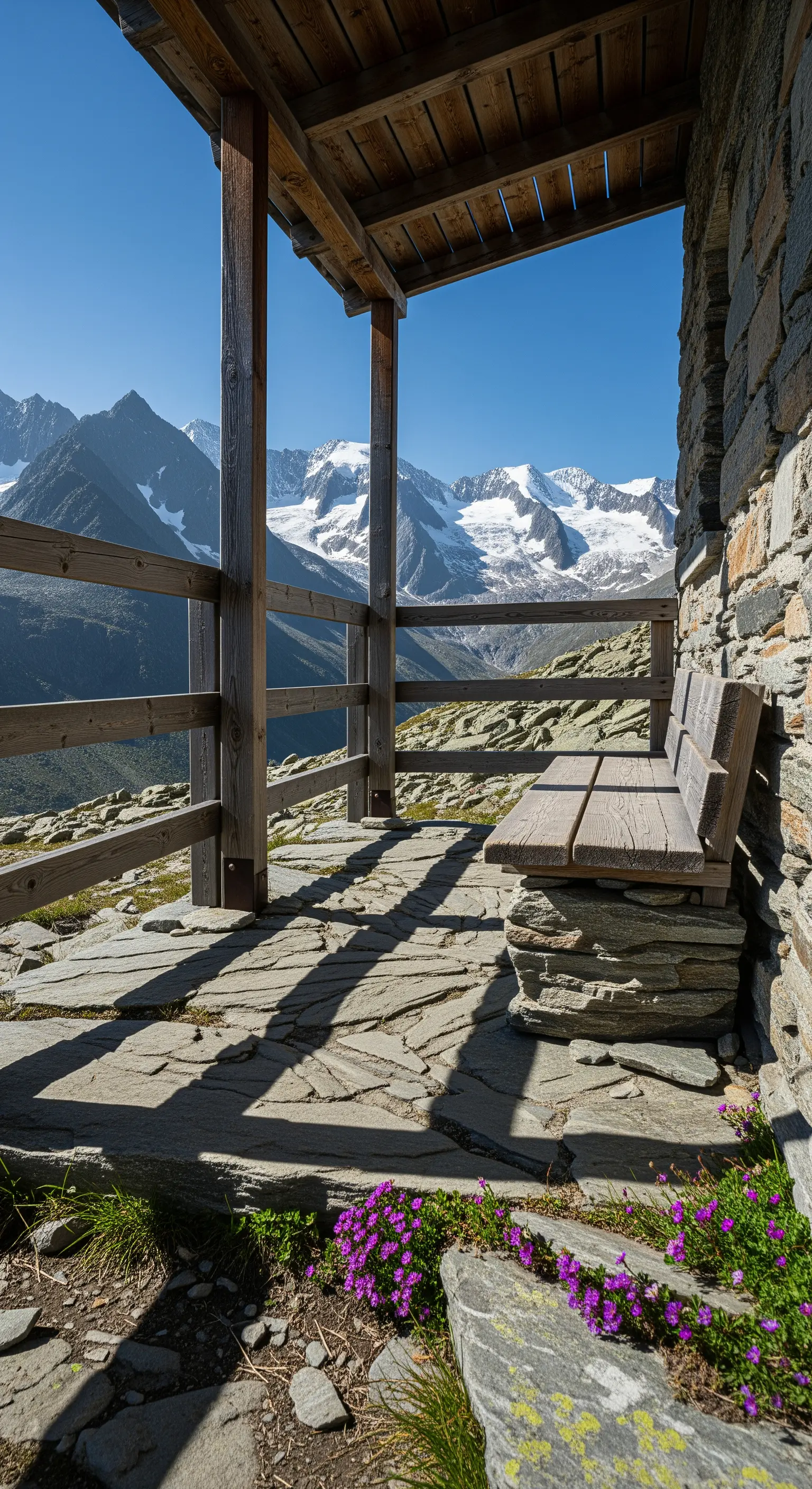 Portico di un rifugio alpino con panca in legno e pietra, affacciato su un ghiacciaio.
