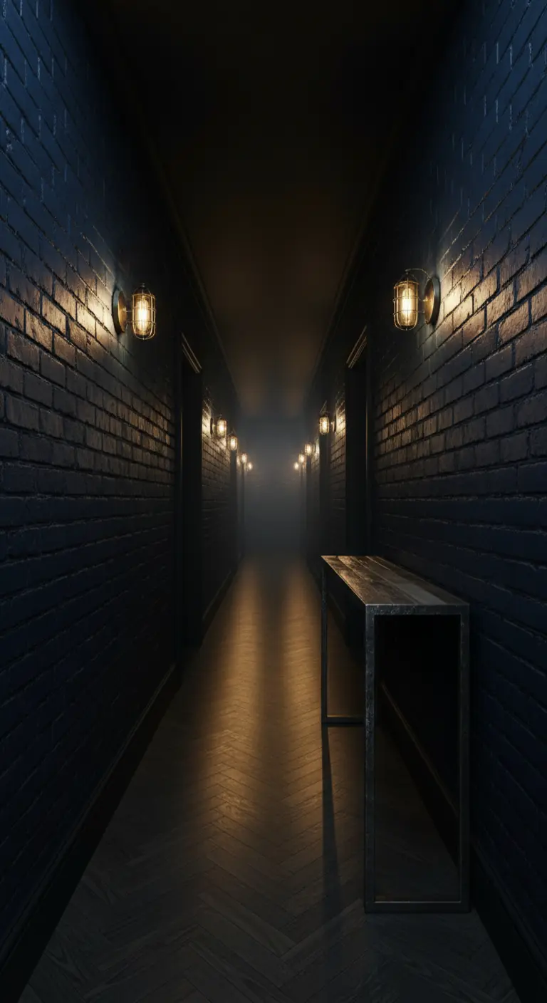 Corridoio scuro con pareti in mattoni blu notte e applique a gabbia.