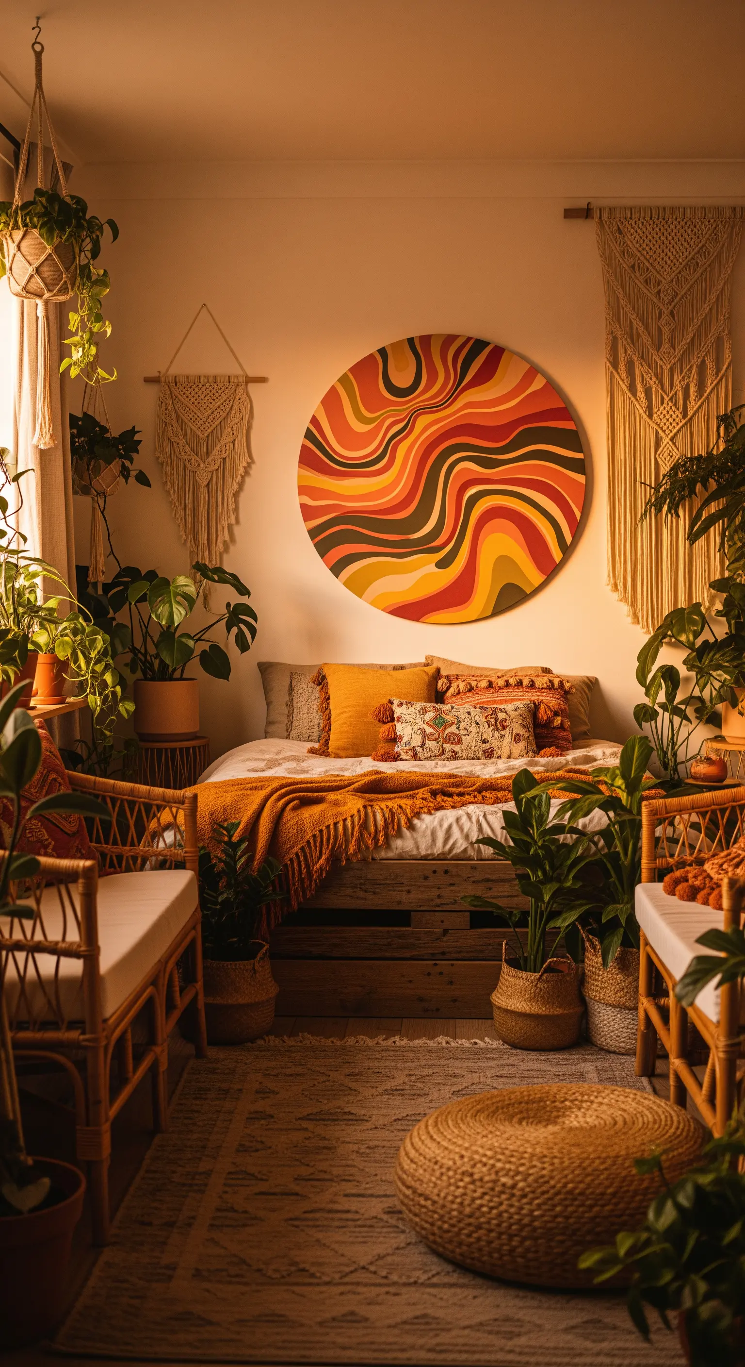Camera da letto bohémien con un quadro rotondo astratto dai colori caldi e piante rigogliose.