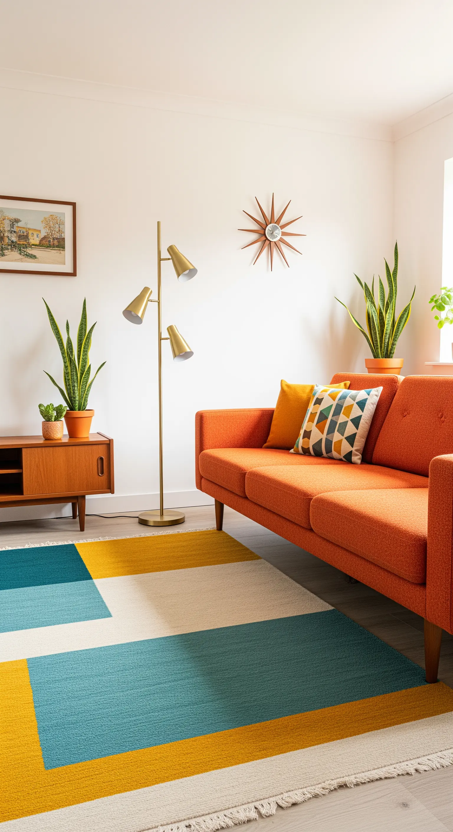 Soggiorno Mid-Century con divano arancione, tappeto a blocchi di colore e lampada dorata.
