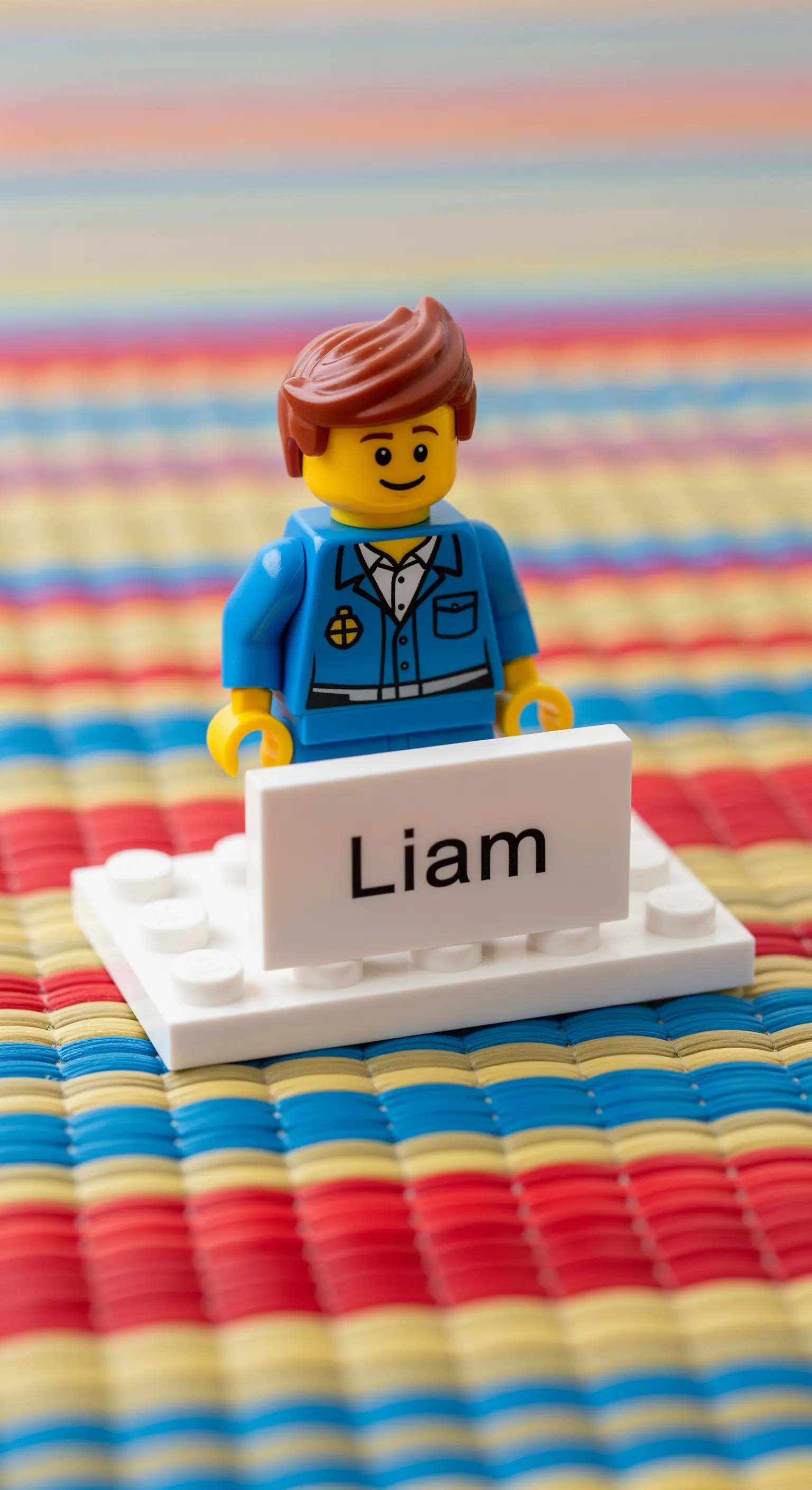 Minifigure LEGO personalizzata con un blocchetto che riporta il nome dell'ospite.