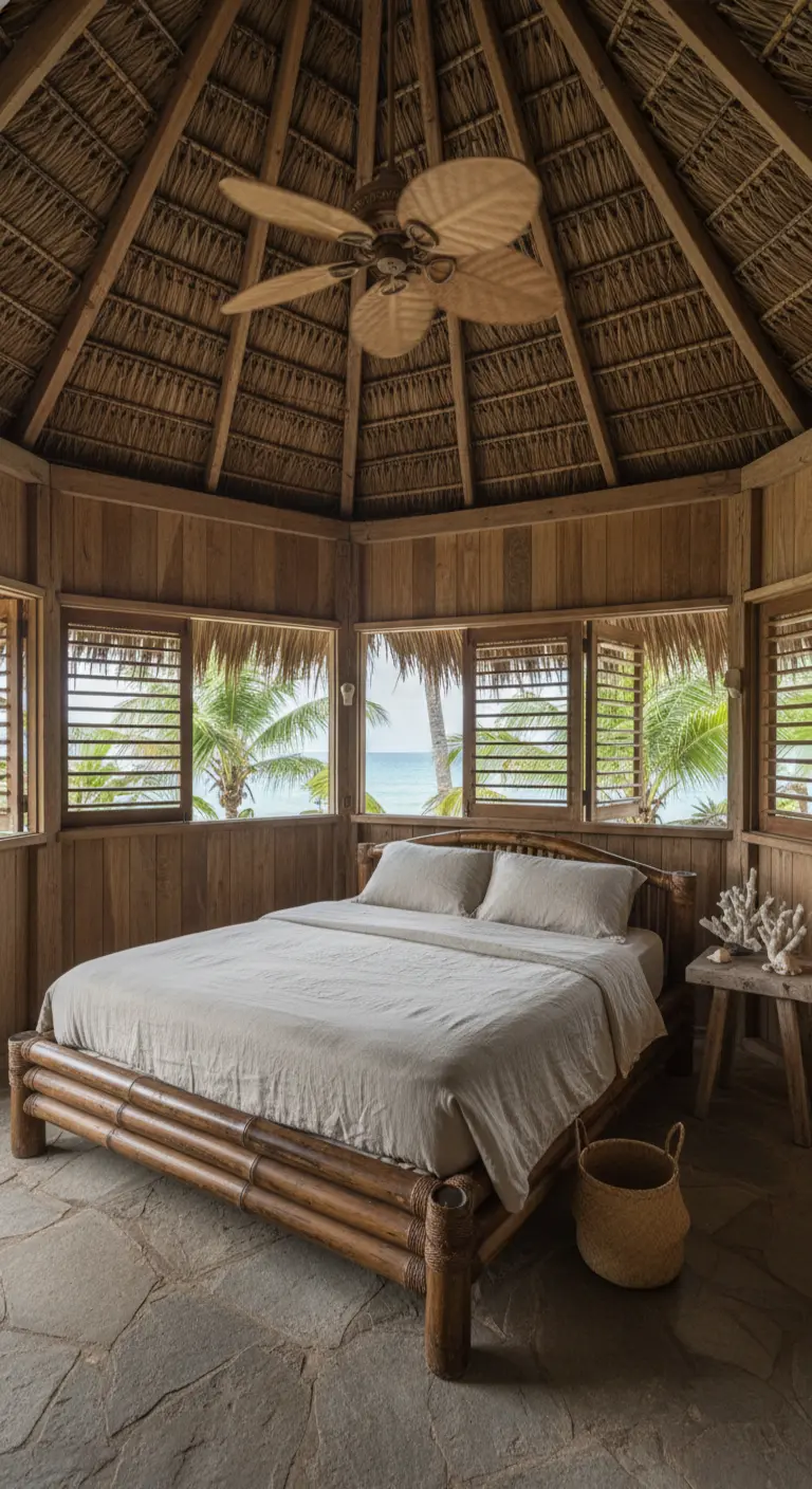 Camera da letto rustica con letto in bambù, tetto in paglia e pavimento in pietra.