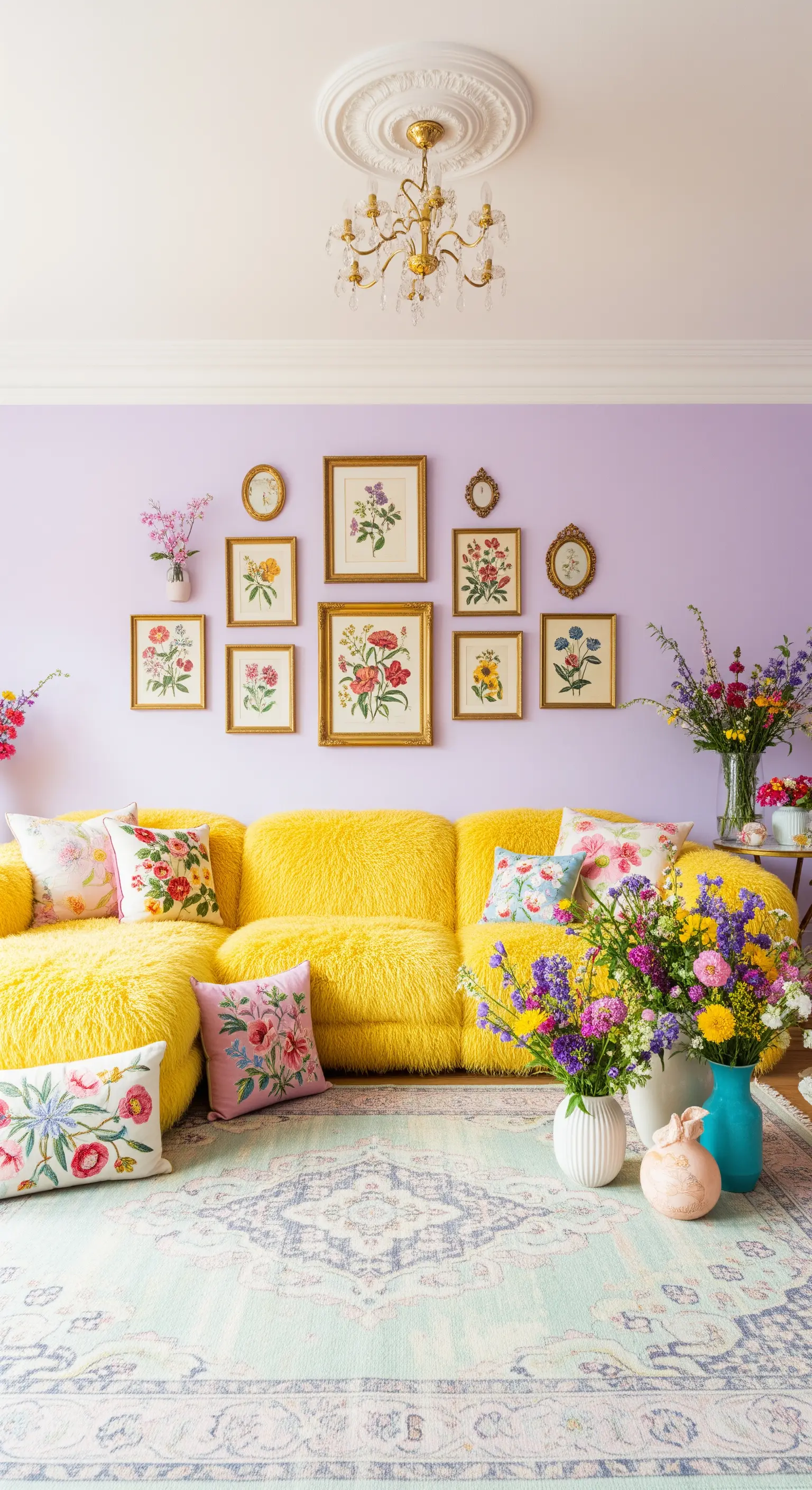 Divano giallo peloso davanti a una parete lilla decorata con una galleria di stampe botaniche.